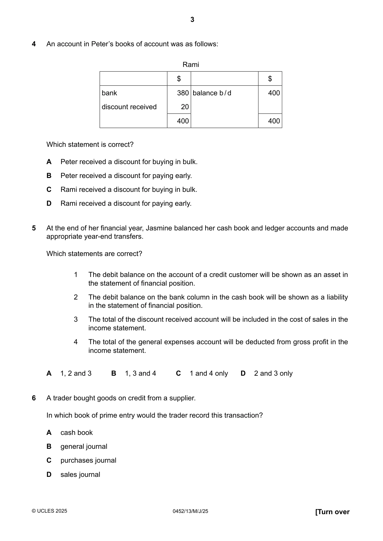 Cambridge IGCSE Accounting 0452 2025 May/June Paper 1 · Variant 3 question paper, page 3 of 16