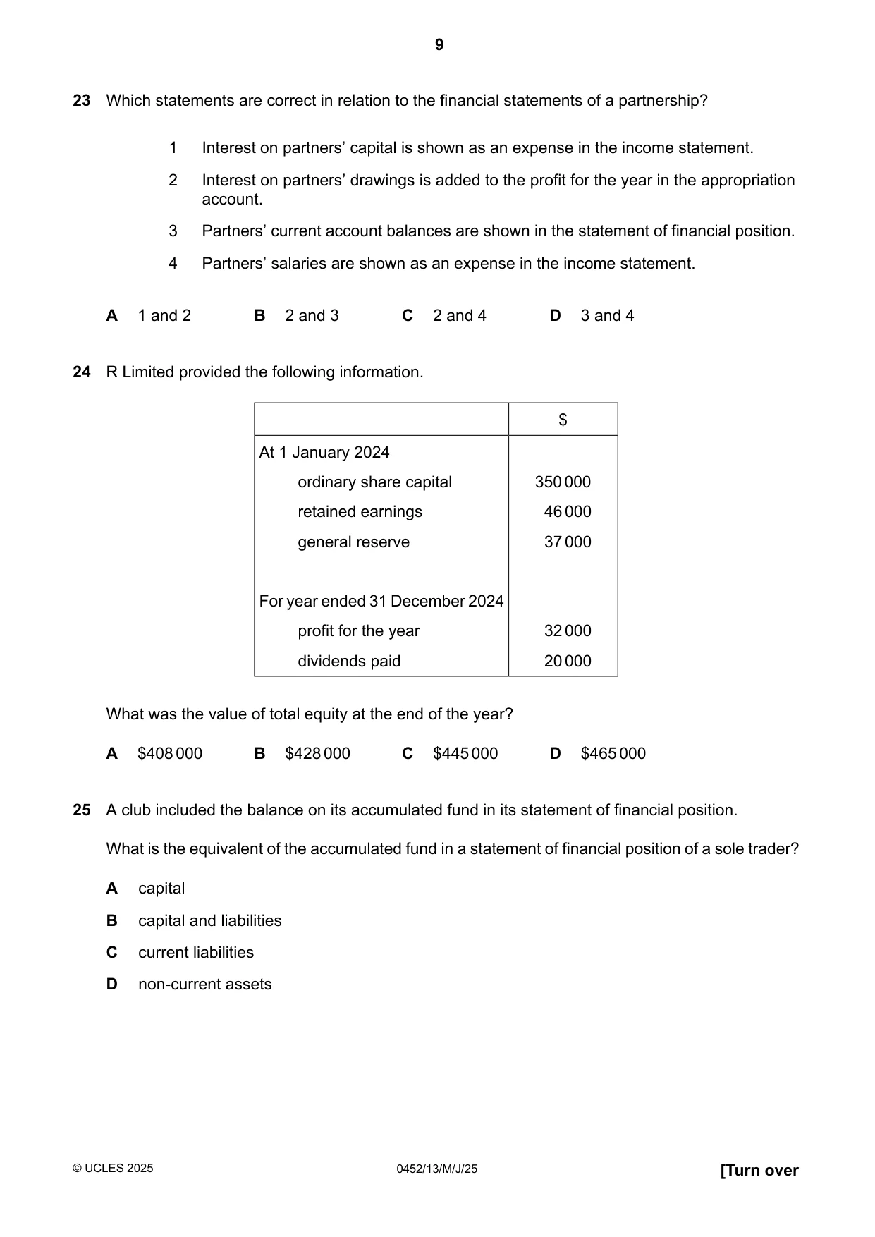 Cambridge IGCSE Accounting 0452 2025 May/June Paper 1 · Variant 3 question paper, page 9 of 16