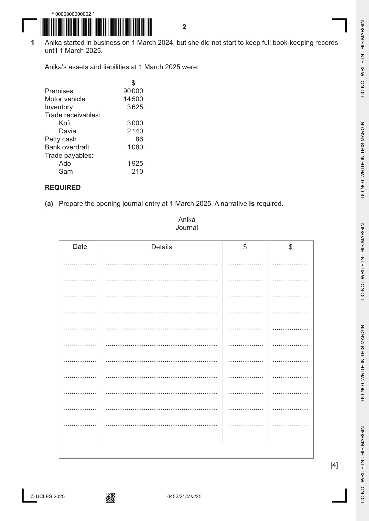 Cambridge IGCSE Accounting 0452 2025 May/June Paper 2 · Variant 1 question paper, page 2 of 20