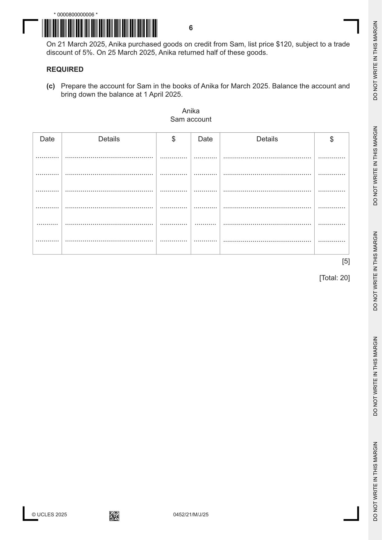 Cambridge IGCSE Accounting 0452 2025 May/June Paper 2 · Variant 1 question paper, page 6 of 20