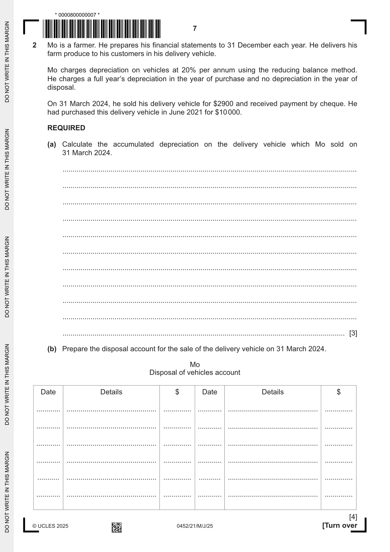 Cambridge IGCSE Accounting 0452 2025 May/June Paper 2 · Variant 1 question paper, page 7 of 20