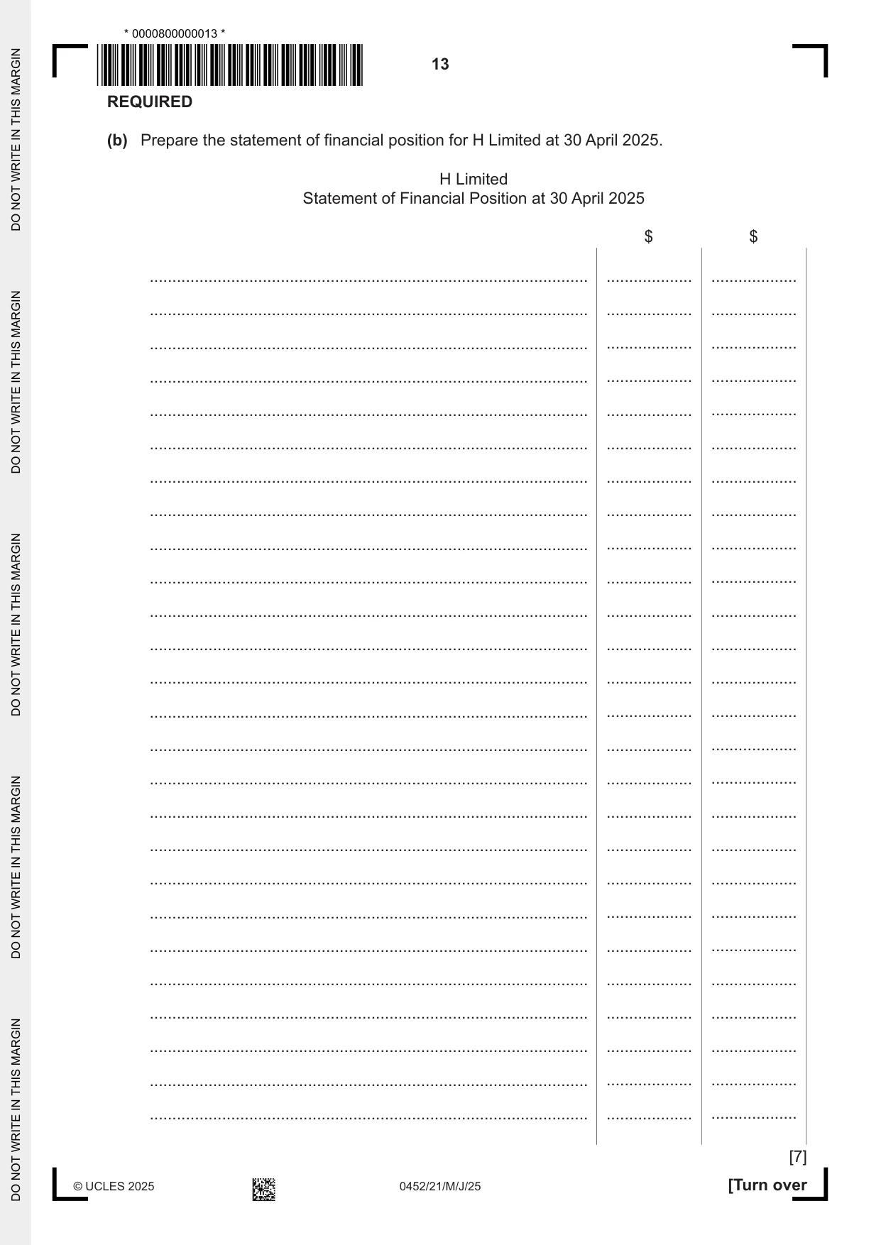Cambridge IGCSE Accounting 0452 2025 May/June Paper 2 · Variant 1 question paper, page 13 of 20