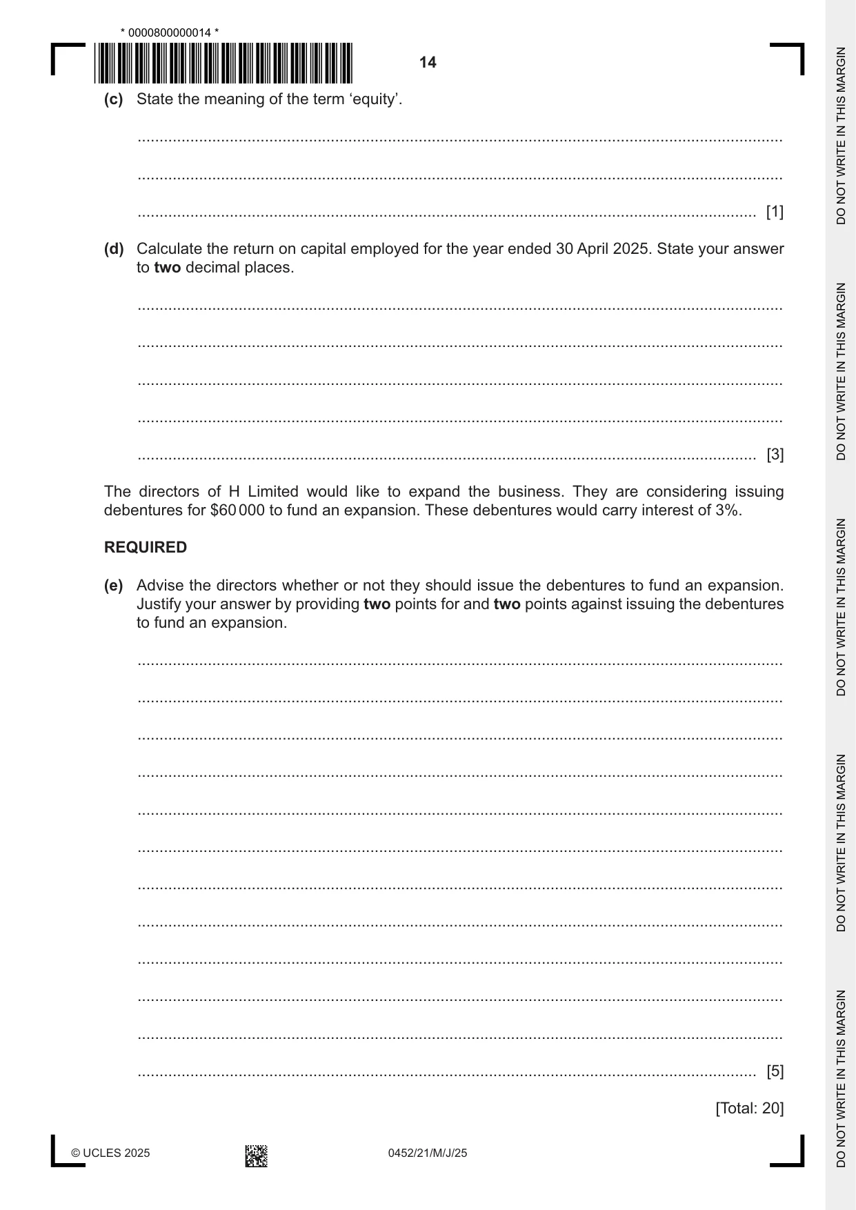 Cambridge IGCSE Accounting 0452 2025 May/June Paper 2 · Variant 1 question paper, page 14 of 20