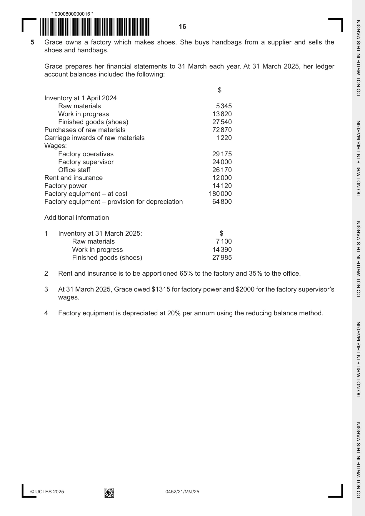 Cambridge IGCSE Accounting 0452 2025 May/June Paper 2 · Variant 1 question paper, page 16 of 20