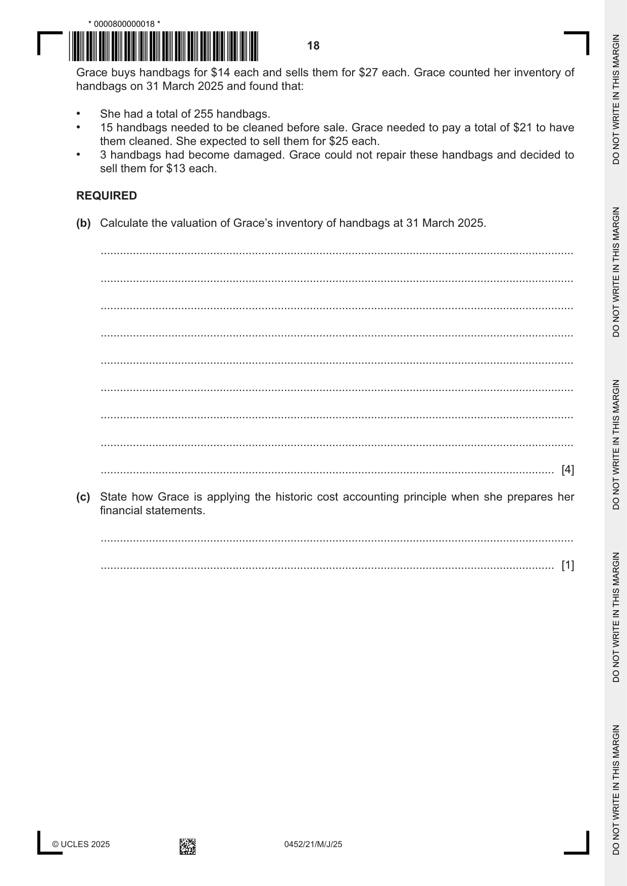 Cambridge IGCSE Accounting 0452 2025 May/June Paper 2 · Variant 1 question paper, page 18 of 20