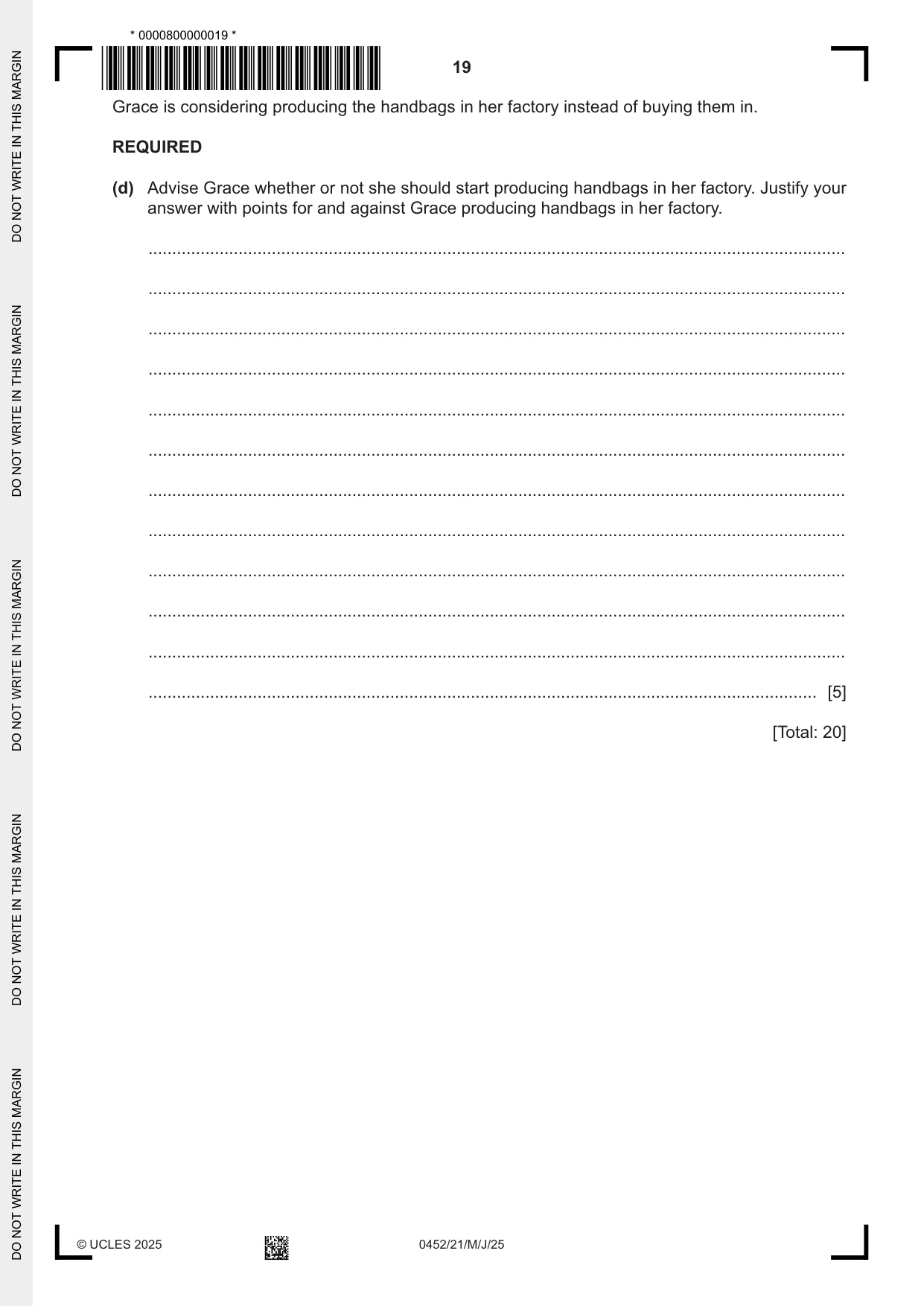 Cambridge IGCSE Accounting 0452 2025 May/June Paper 2 · Variant 1 question paper, page 19 of 20