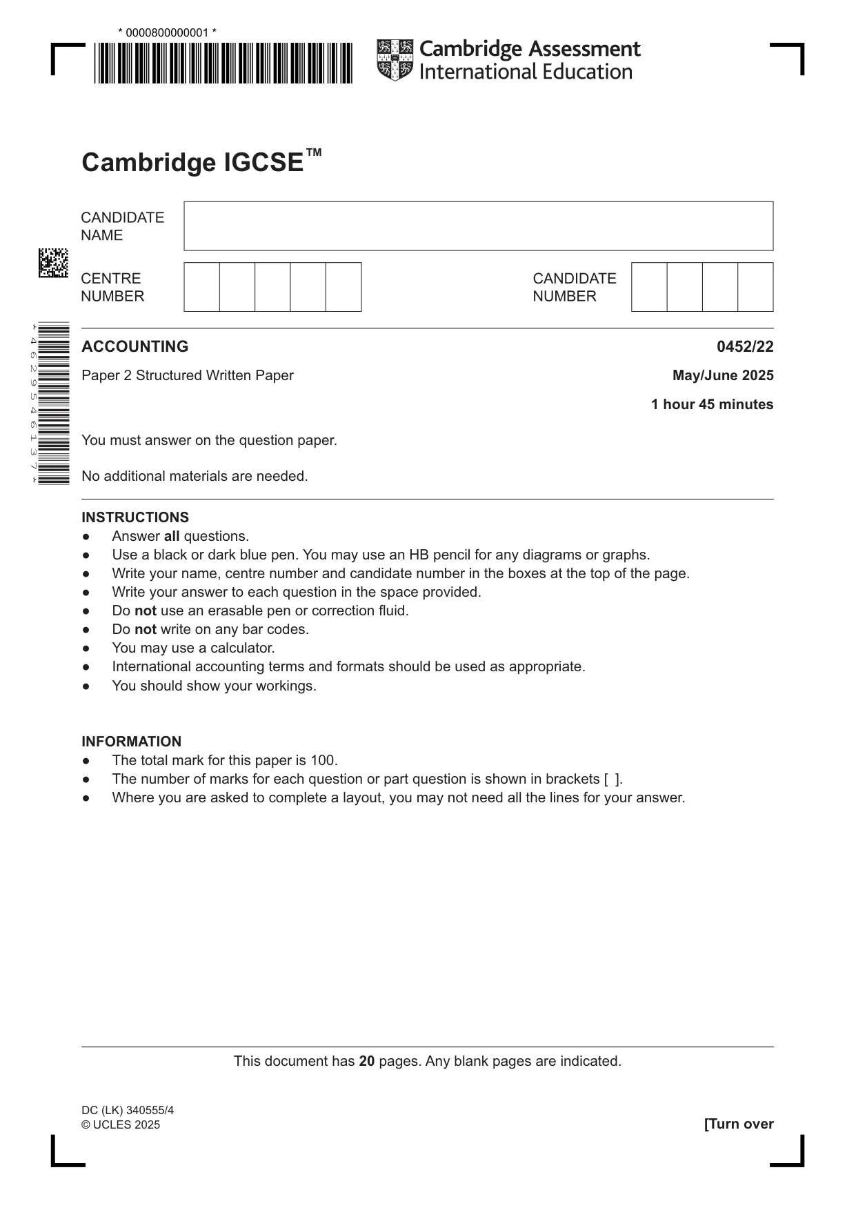 Cambridge IGCSE Accounting 0452 2025 May/June Paper 2 · Variant 2 question paper, page 1 of 20
