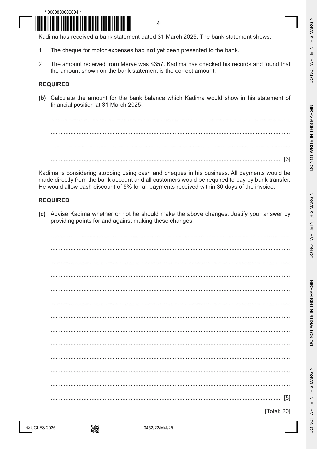Cambridge IGCSE Accounting 0452 2025 May/June Paper 2 · Variant 2 question paper, page 4 of 20