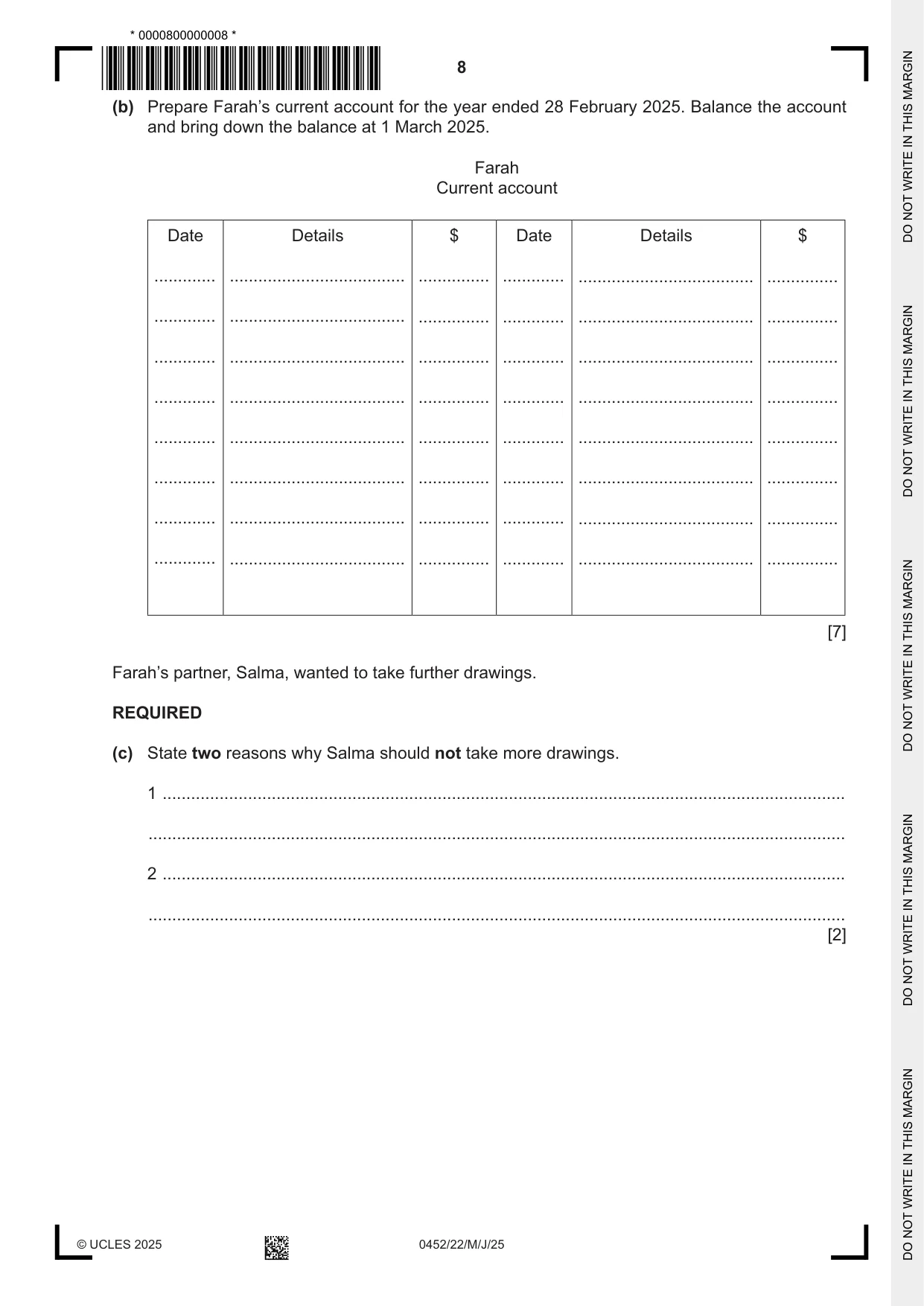 Cambridge IGCSE Accounting 0452 2025 May/June Paper 2 · Variant 2 question paper, page 8 of 20