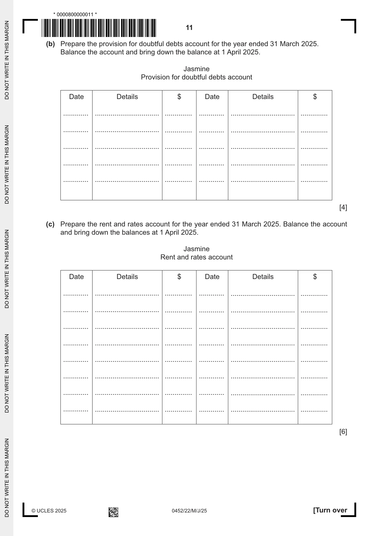 Cambridge IGCSE Accounting 0452 2025 May/June Paper 2 · Variant 2 question paper, page 11 of 20