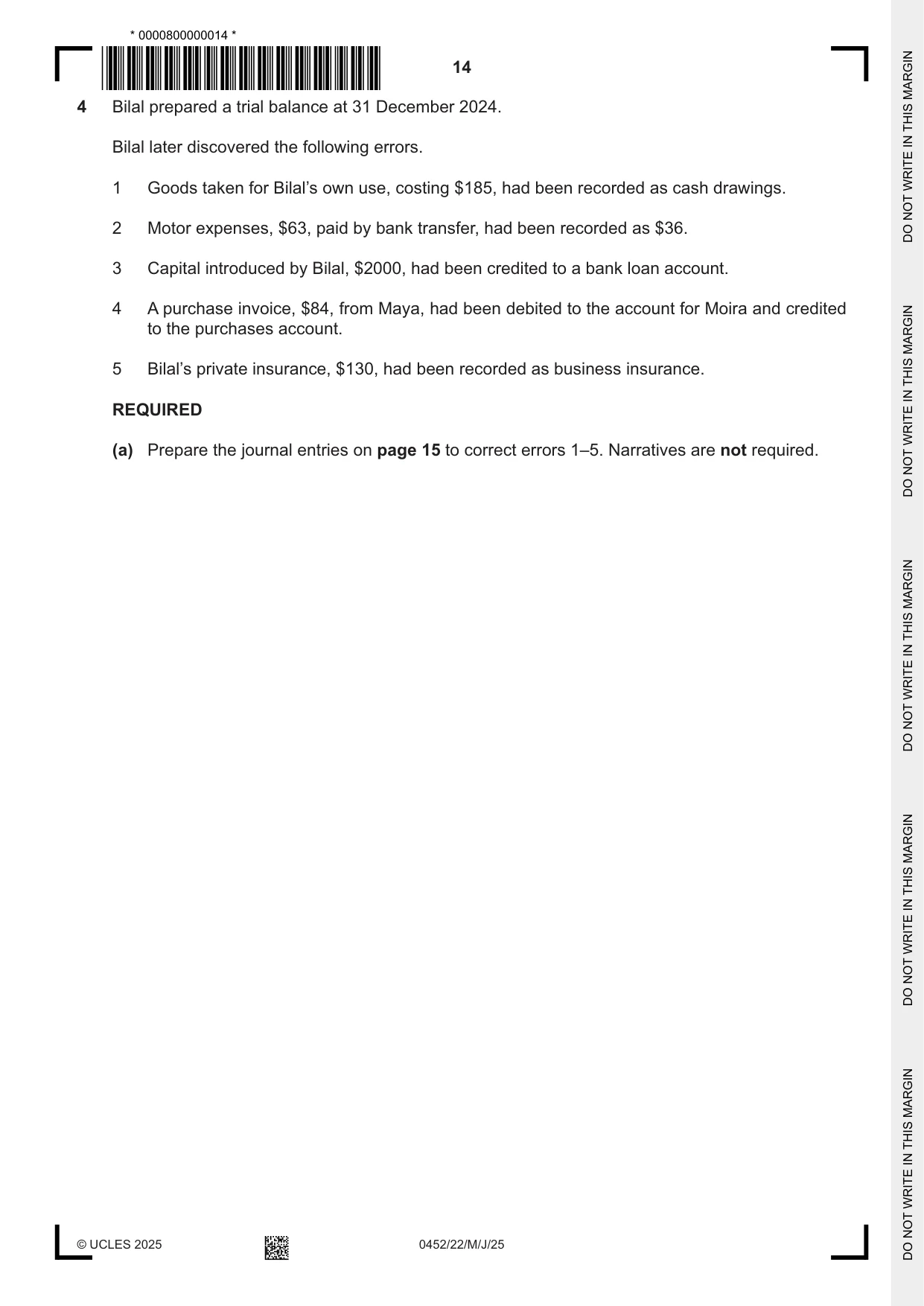 Cambridge IGCSE Accounting 0452 2025 May/June Paper 2 · Variant 2 question paper, page 14 of 20