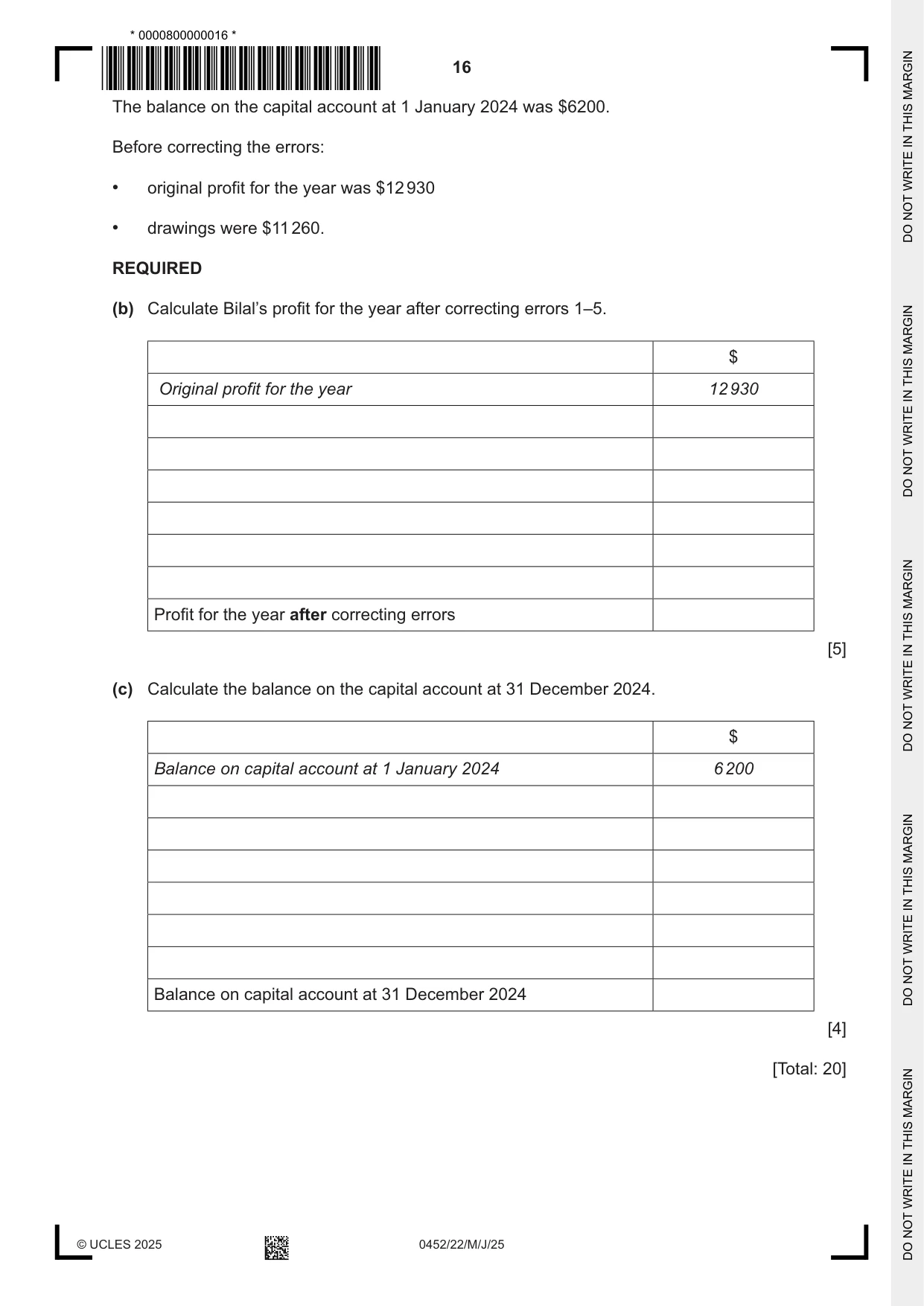 Cambridge IGCSE Accounting 0452 2025 May/June Paper 2 · Variant 2 question paper, page 16 of 20