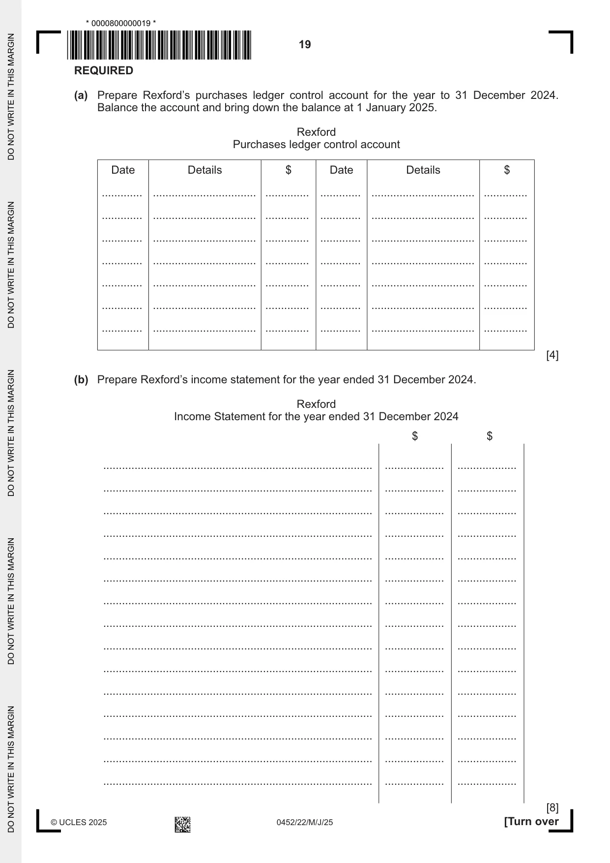 Cambridge IGCSE Accounting 0452 2025 May/June Paper 2 · Variant 2 question paper, page 19 of 20