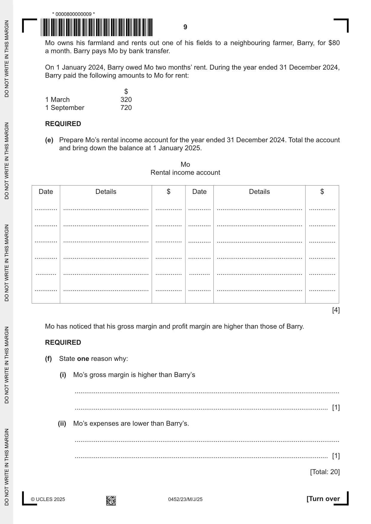 Cambridge IGCSE Accounting 0452 2025 May/June Paper 2 · Variant 3 question paper, page 9 of 20