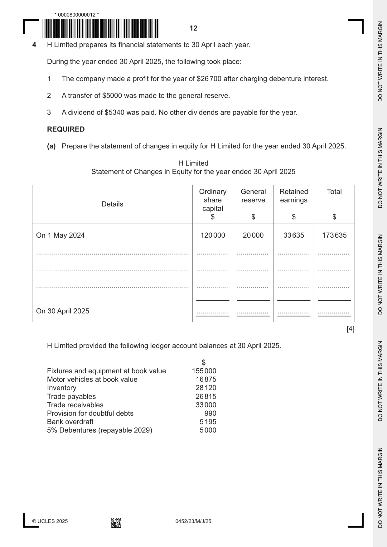 Cambridge IGCSE Accounting 0452 2025 May/June Paper 2 · Variant 3 question paper, page 12 of 20
