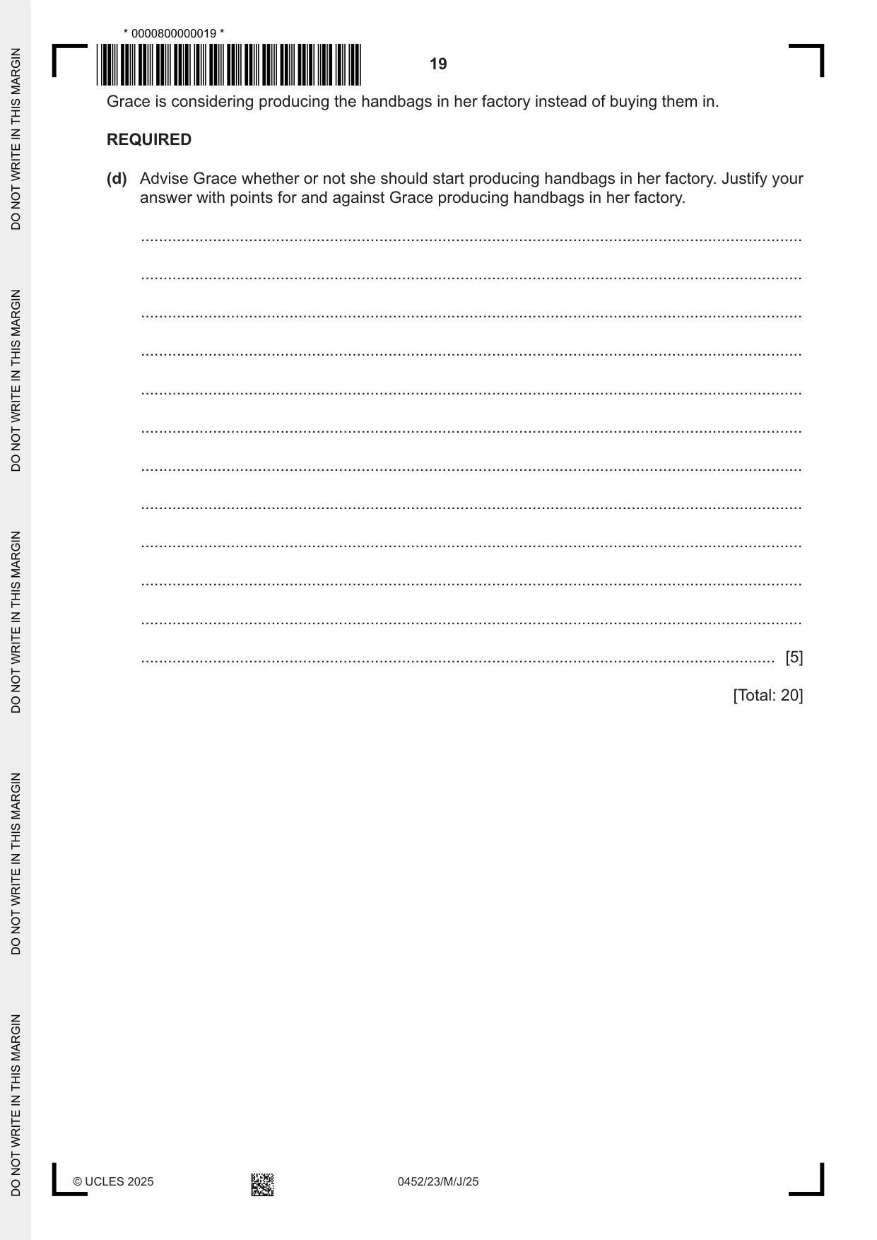 Cambridge IGCSE Accounting 0452 2025 May/June Paper 2 · Variant 3 question paper, page 19 of 20