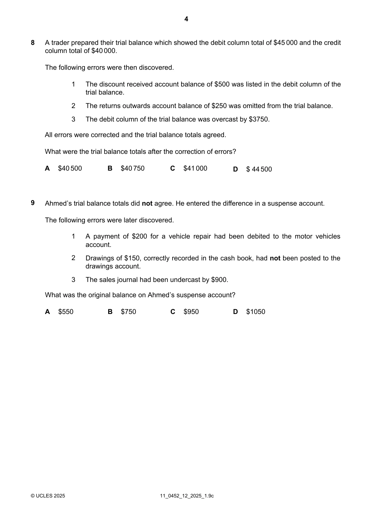 Cambridge IGCSE Accounting 0452 2025 Oct/Nov Paper 1 · Variant 2 question paper, page 4 of 12