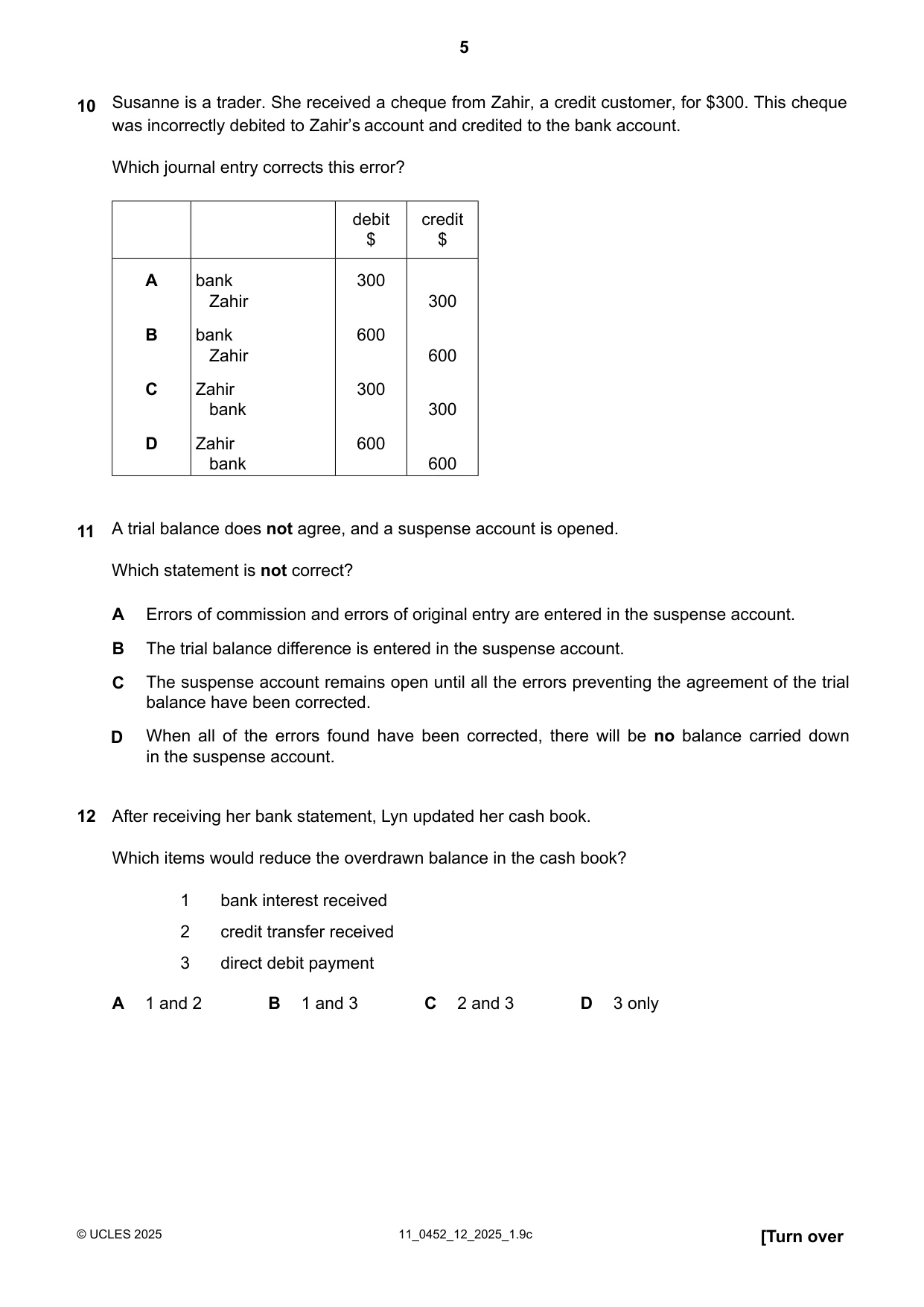 Cambridge IGCSE Accounting 0452 2025 Oct/Nov Paper 1 · Variant 2 question paper, page 5 of 12