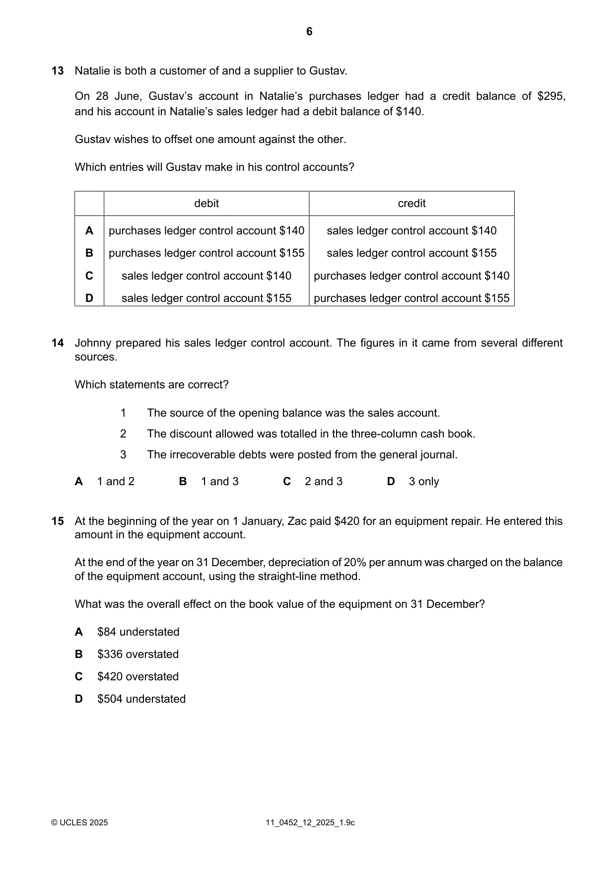 Cambridge IGCSE Accounting 0452 2025 Oct/Nov Paper 1 · Variant 2 question paper, page 6 of 12