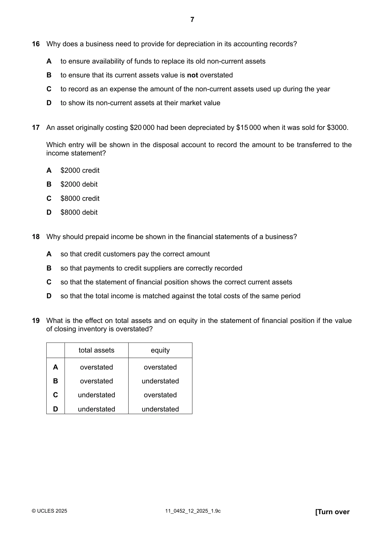 Cambridge IGCSE Accounting 0452 2025 Oct/Nov Paper 1 · Variant 2 question paper, page 7 of 12