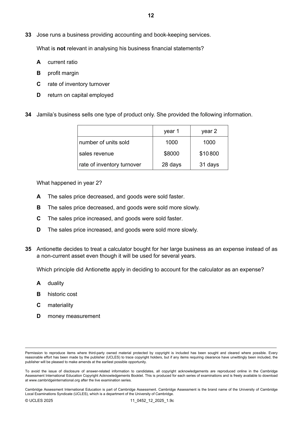 Cambridge IGCSE Accounting 0452 2025 Oct/Nov Paper 1 · Variant 2 question paper, page 12 of 12