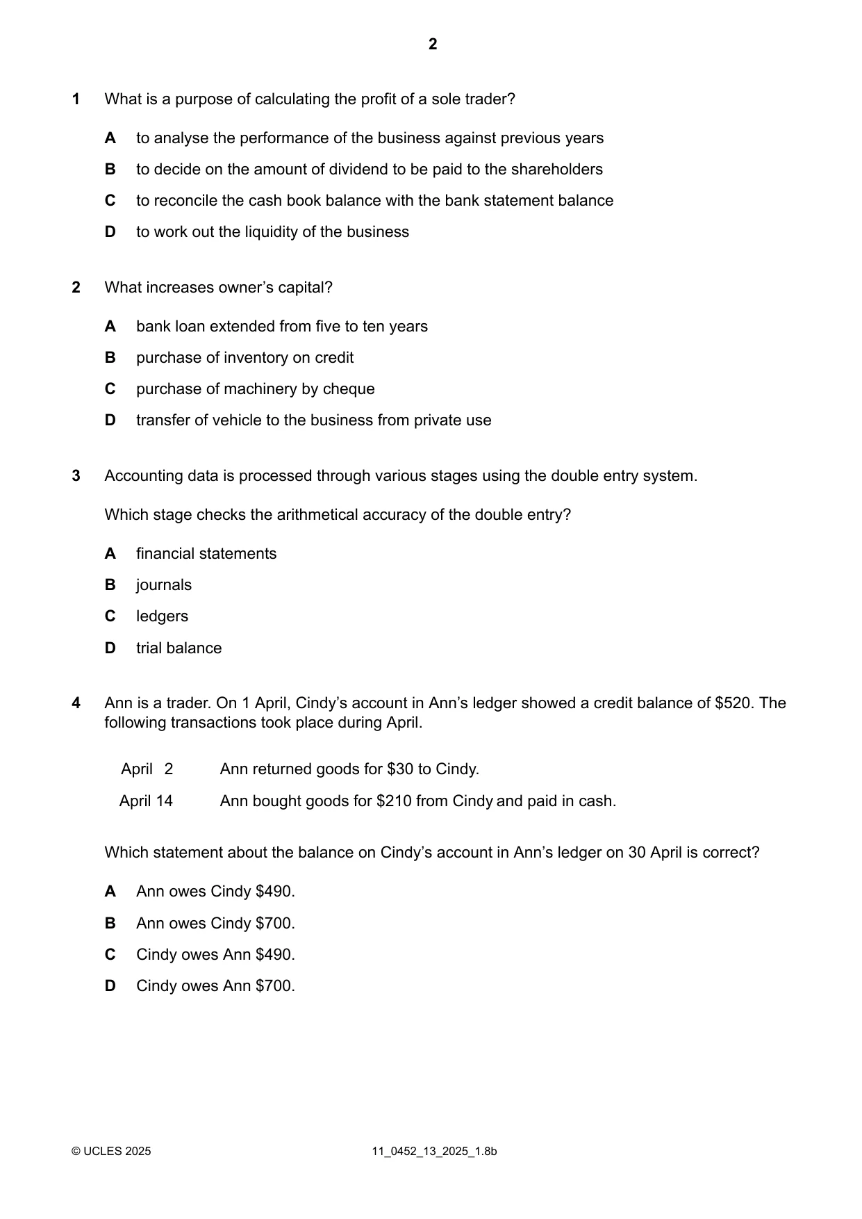 Cambridge IGCSE Accounting 0452 2025 Oct/Nov Paper 1 · Variant 3 question paper, page 2 of 12