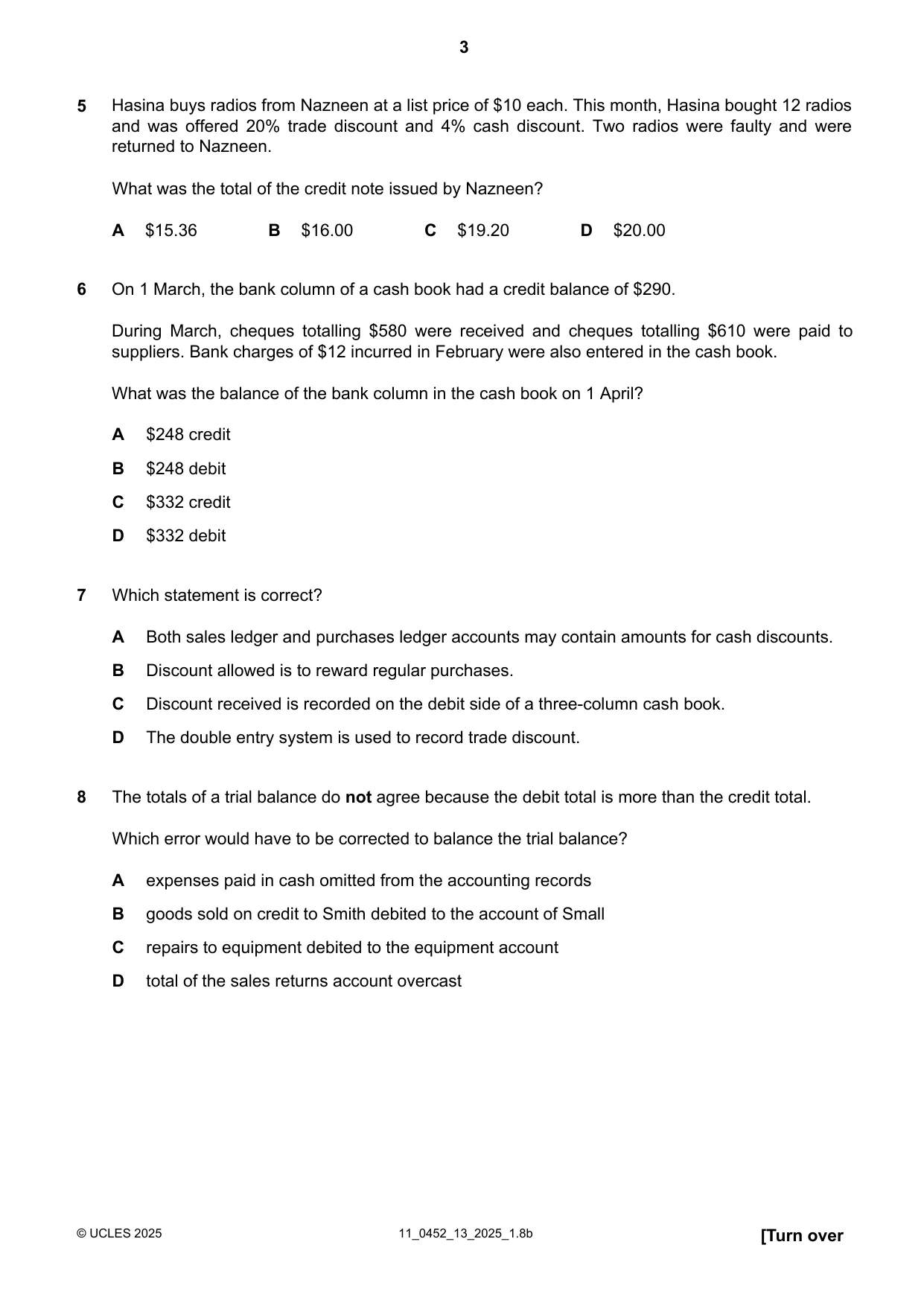 Cambridge IGCSE Accounting 0452 2025 Oct/Nov Paper 1 · Variant 3 question paper, page 3 of 12