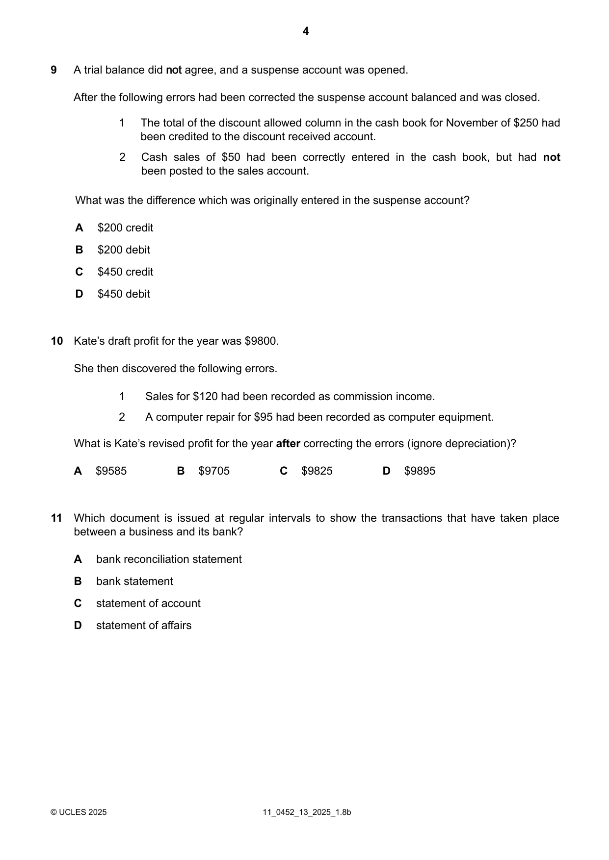 Cambridge IGCSE Accounting 0452 2025 Oct/Nov Paper 1 · Variant 3 question paper, page 4 of 12