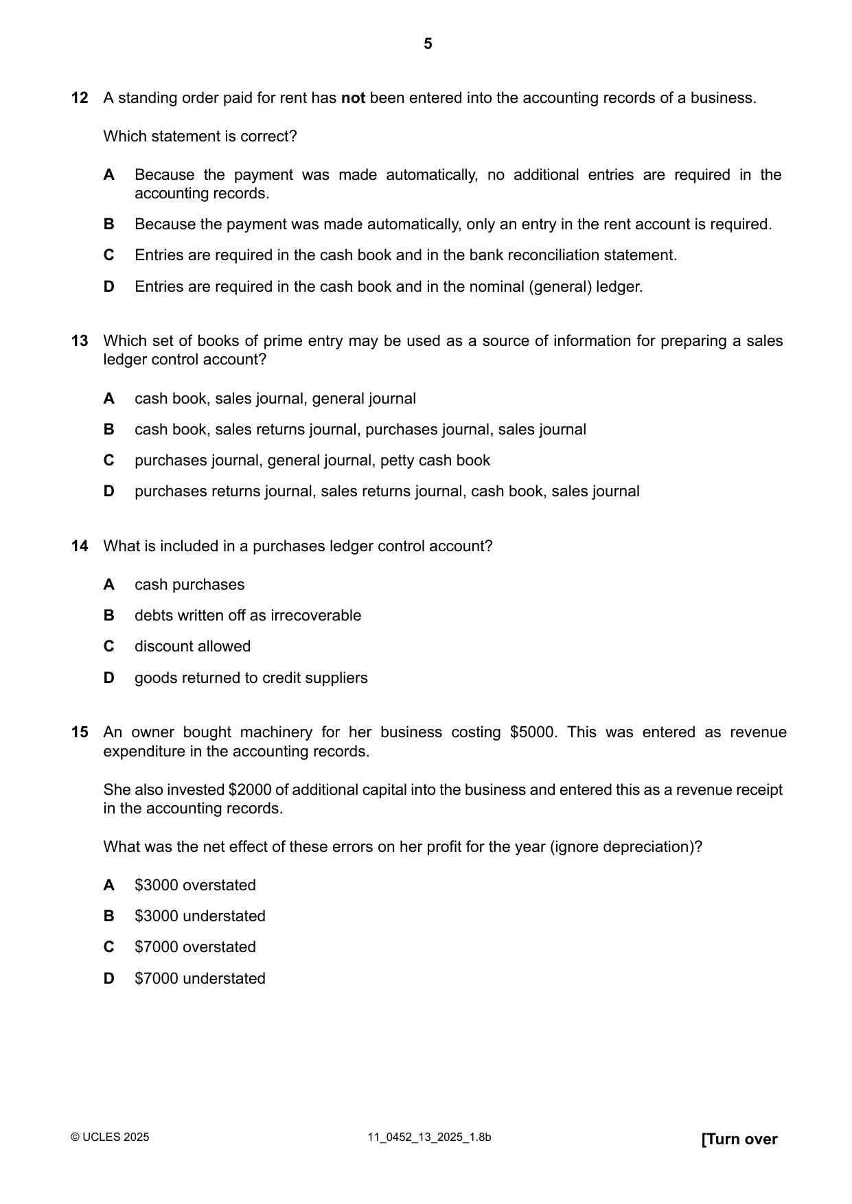 Cambridge IGCSE Accounting 0452 2025 Oct/Nov Paper 1 · Variant 3 question paper, page 5 of 12