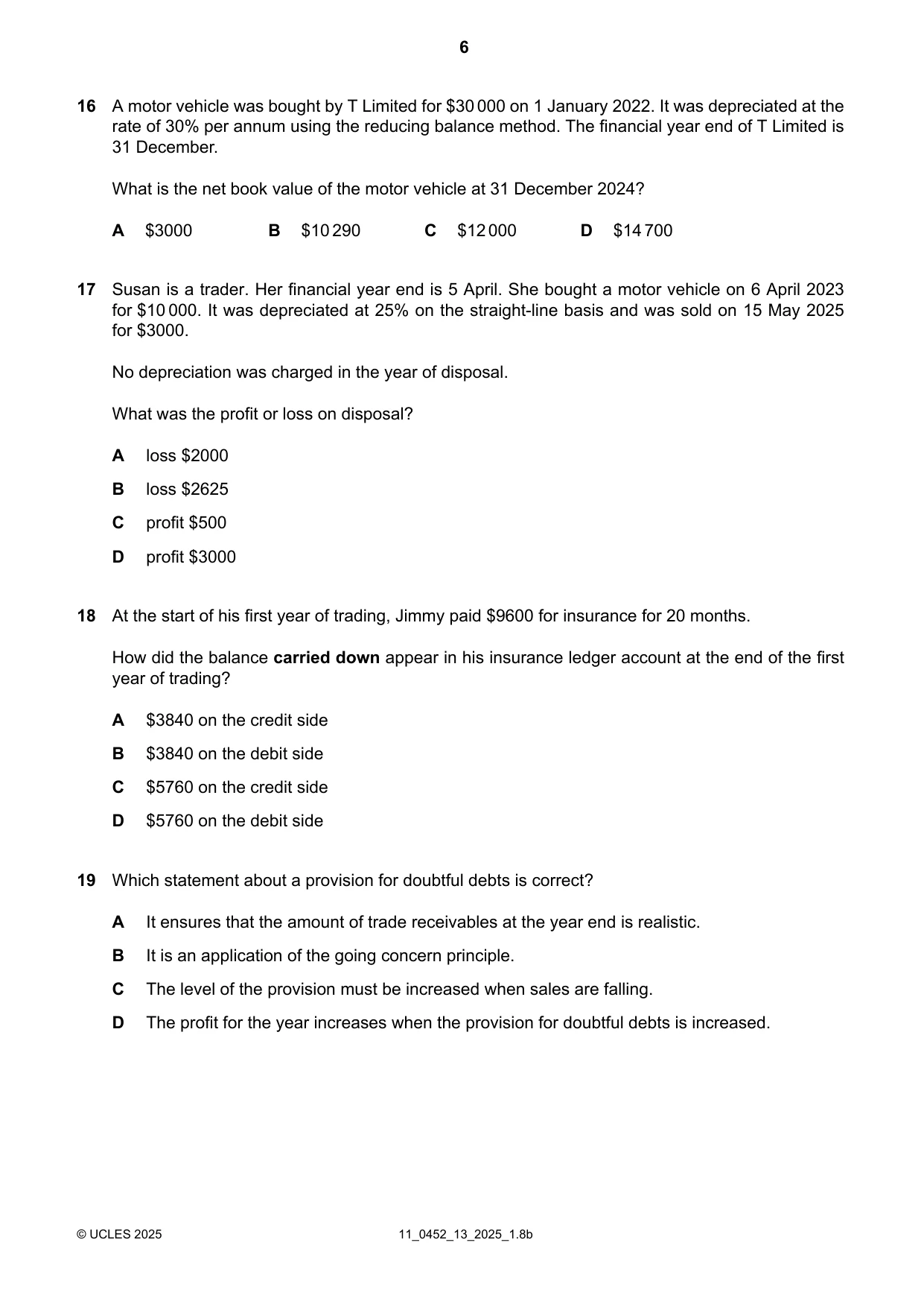 Cambridge IGCSE Accounting 0452 2025 Oct/Nov Paper 1 · Variant 3 question paper, page 6 of 12
