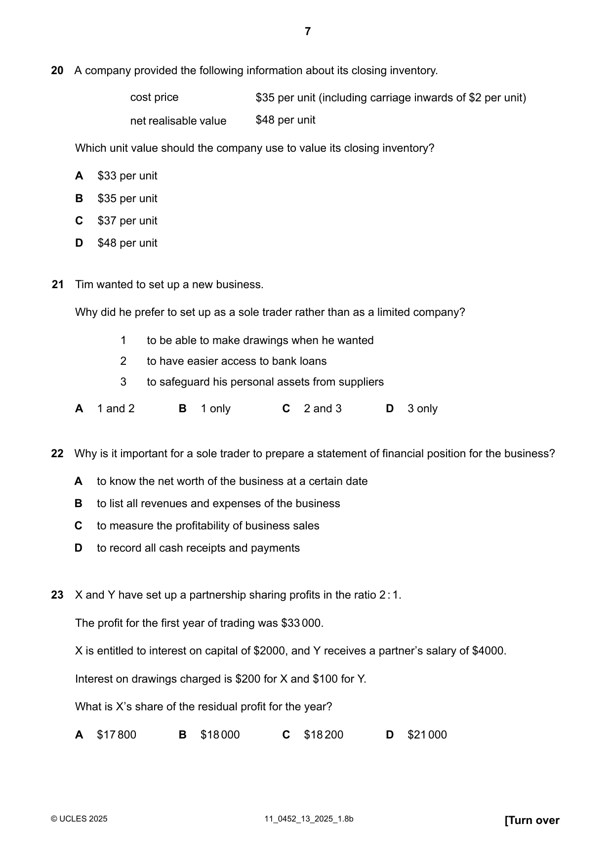 Cambridge IGCSE Accounting 0452 2025 Oct/Nov Paper 1 · Variant 3 question paper, page 7 of 12