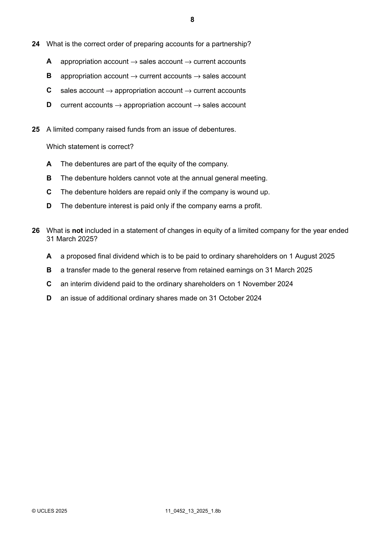 Cambridge IGCSE Accounting 0452 2025 Oct/Nov Paper 1 · Variant 3 question paper, page 8 of 12