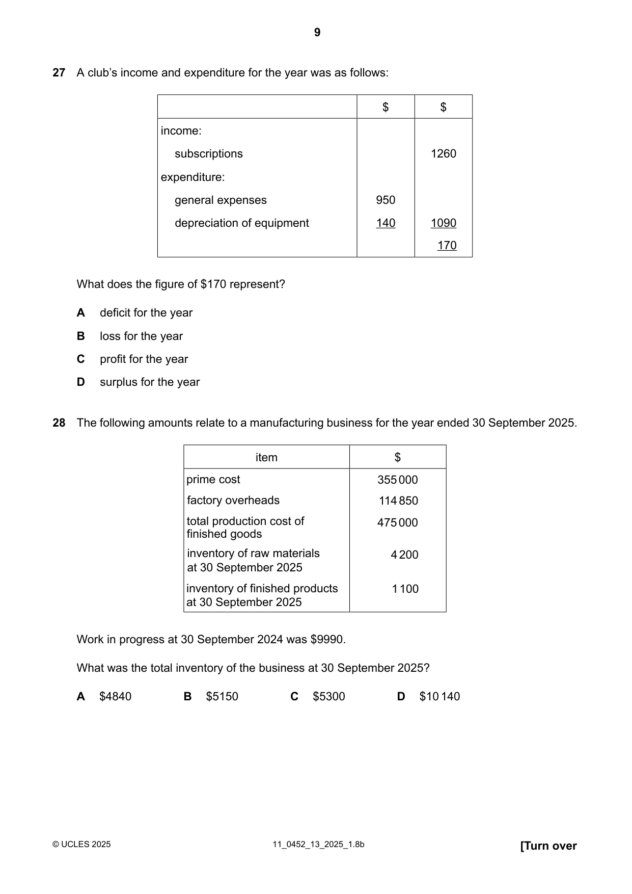 Cambridge IGCSE Accounting 0452 2025 Oct/Nov Paper 1 · Variant 3 question paper, page 9 of 12