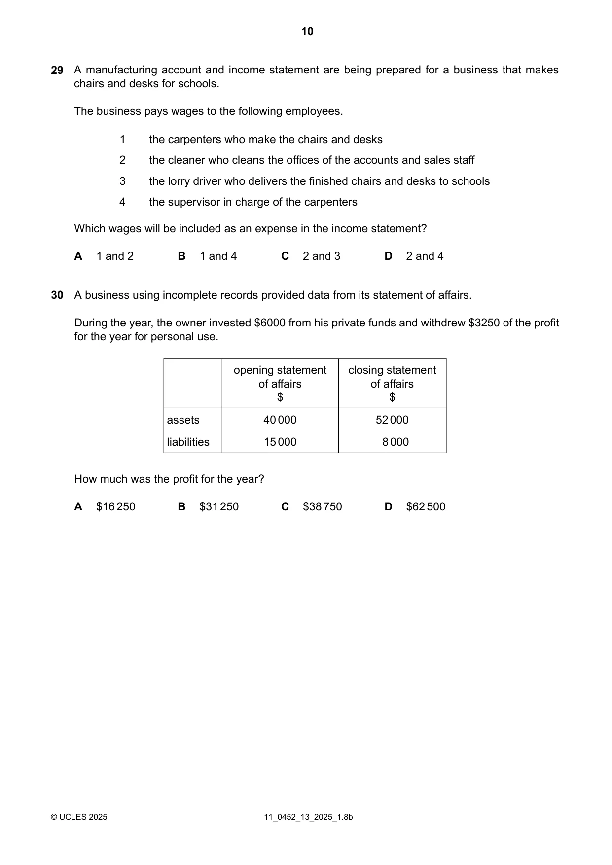 Cambridge IGCSE Accounting 0452 2025 Oct/Nov Paper 1 · Variant 3 question paper, page 10 of 12