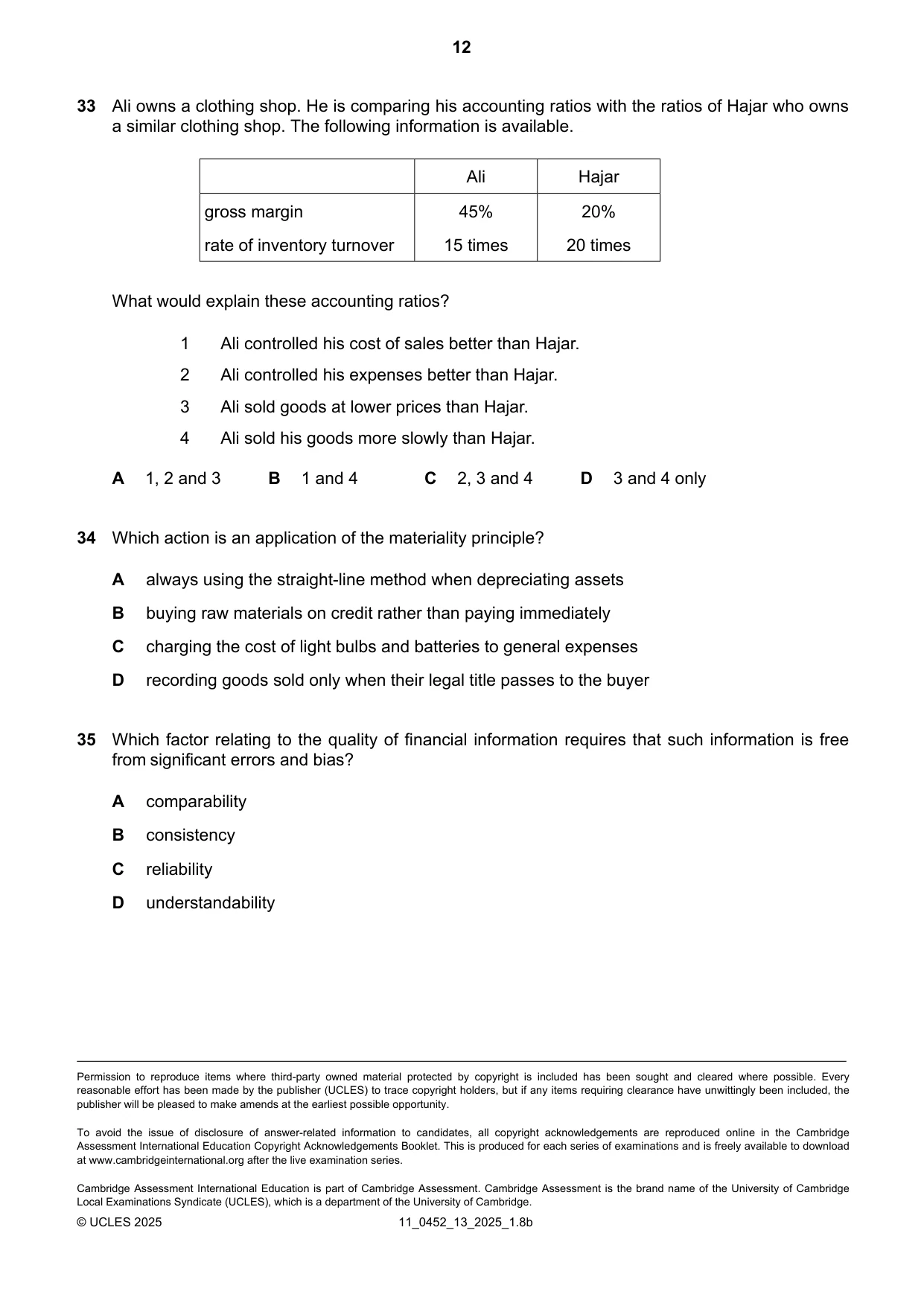 Cambridge IGCSE Accounting 0452 2025 Oct/Nov Paper 1 · Variant 3 question paper, page 12 of 12