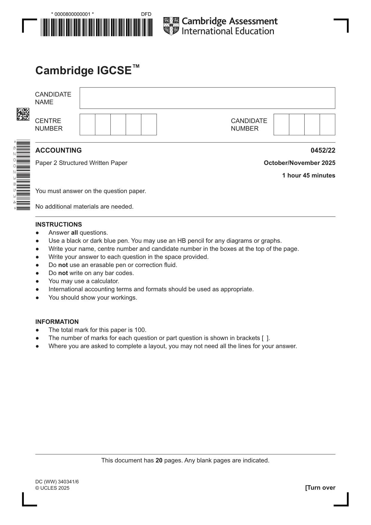 Cambridge IGCSE Accounting 0452 2025 Oct/Nov Paper 2 · Variant 2 question paper, page 1 of 20