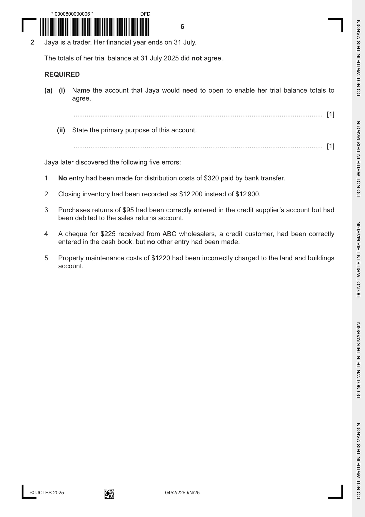 Cambridge IGCSE Accounting 0452 2025 Oct/Nov Paper 2 · Variant 2 question paper, page 6 of 20