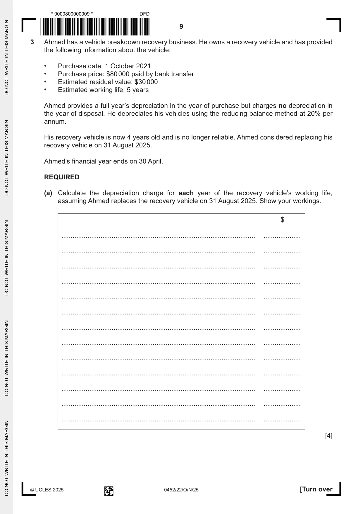 Cambridge IGCSE Accounting 0452 2025 Oct/Nov Paper 2 · Variant 2 question paper, page 9 of 20