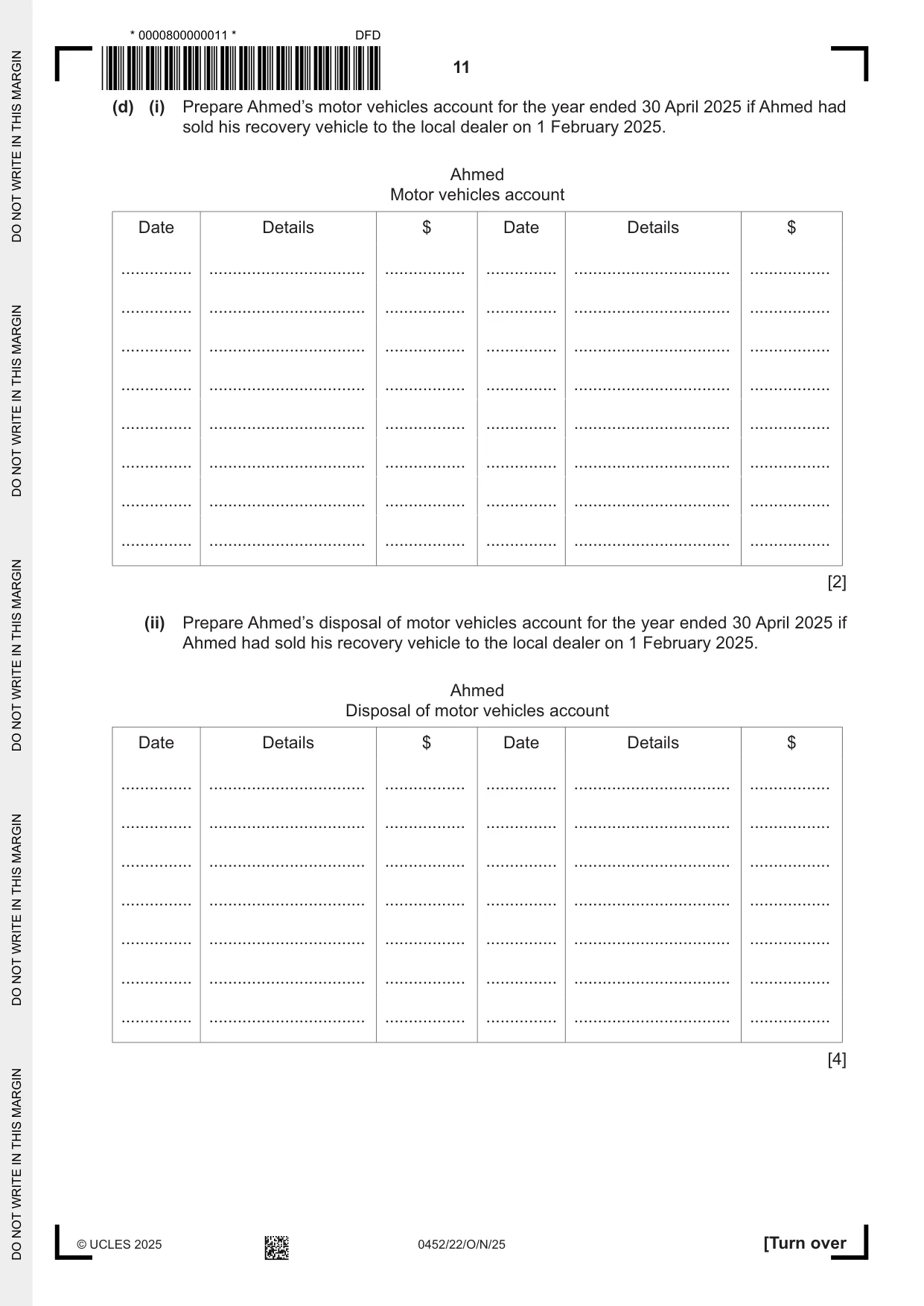 Cambridge IGCSE Accounting 0452 2025 Oct/Nov Paper 2 · Variant 2 question paper, page 11 of 20