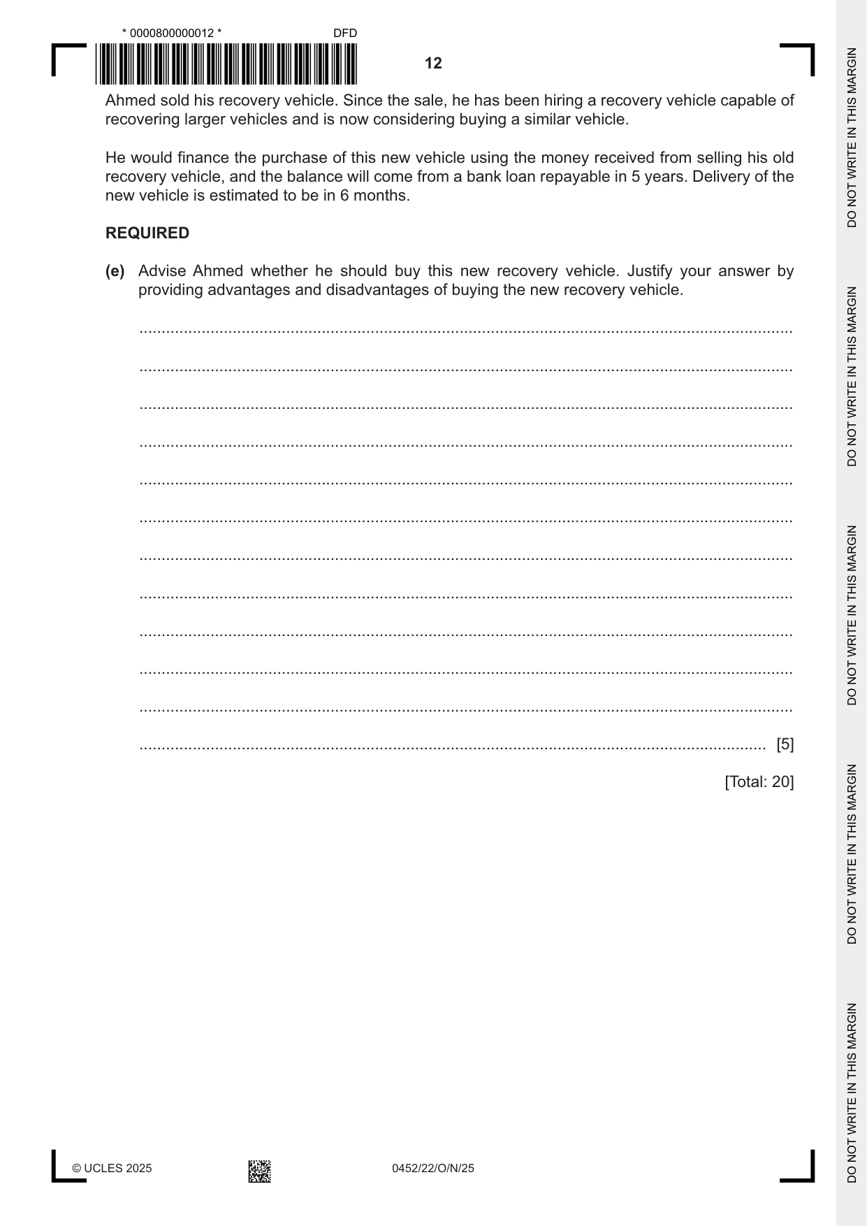 Cambridge IGCSE Accounting 0452 2025 Oct/Nov Paper 2 · Variant 2 question paper, page 12 of 20