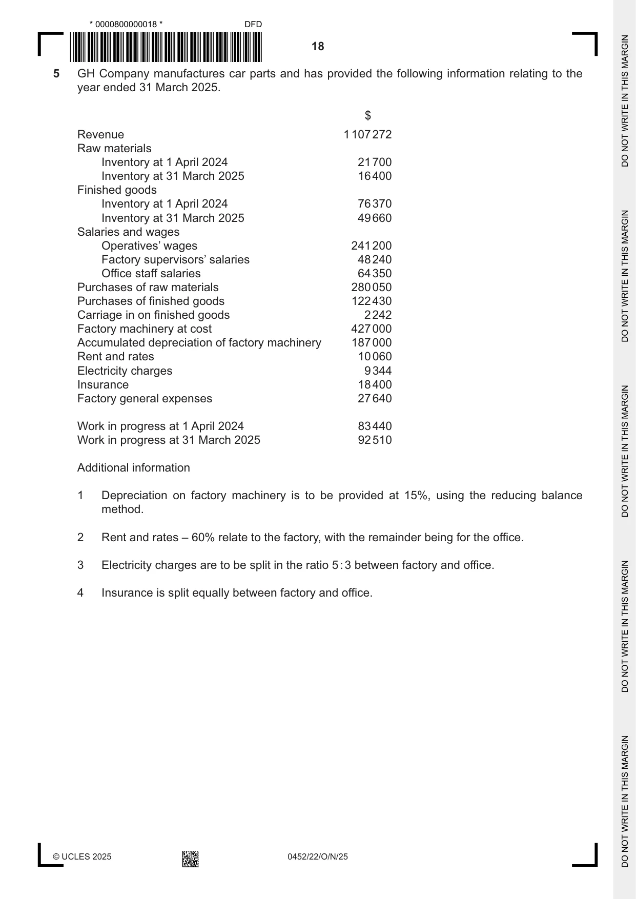 Cambridge IGCSE Accounting 0452 2025 Oct/Nov Paper 2 · Variant 2 question paper, page 18 of 20