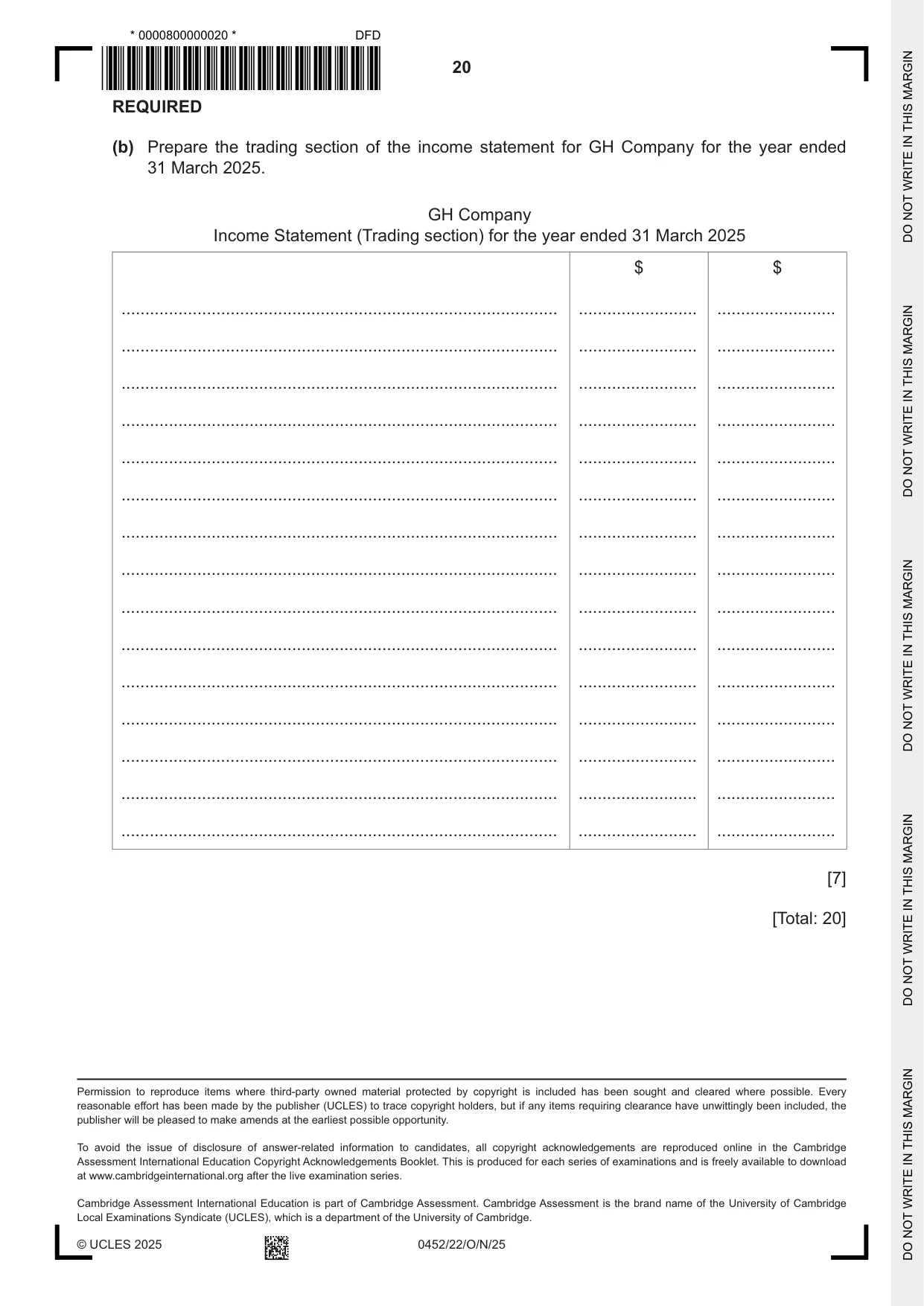 Cambridge IGCSE Accounting 0452 2025 Oct/Nov Paper 2 · Variant 2 question paper, page 20 of 20