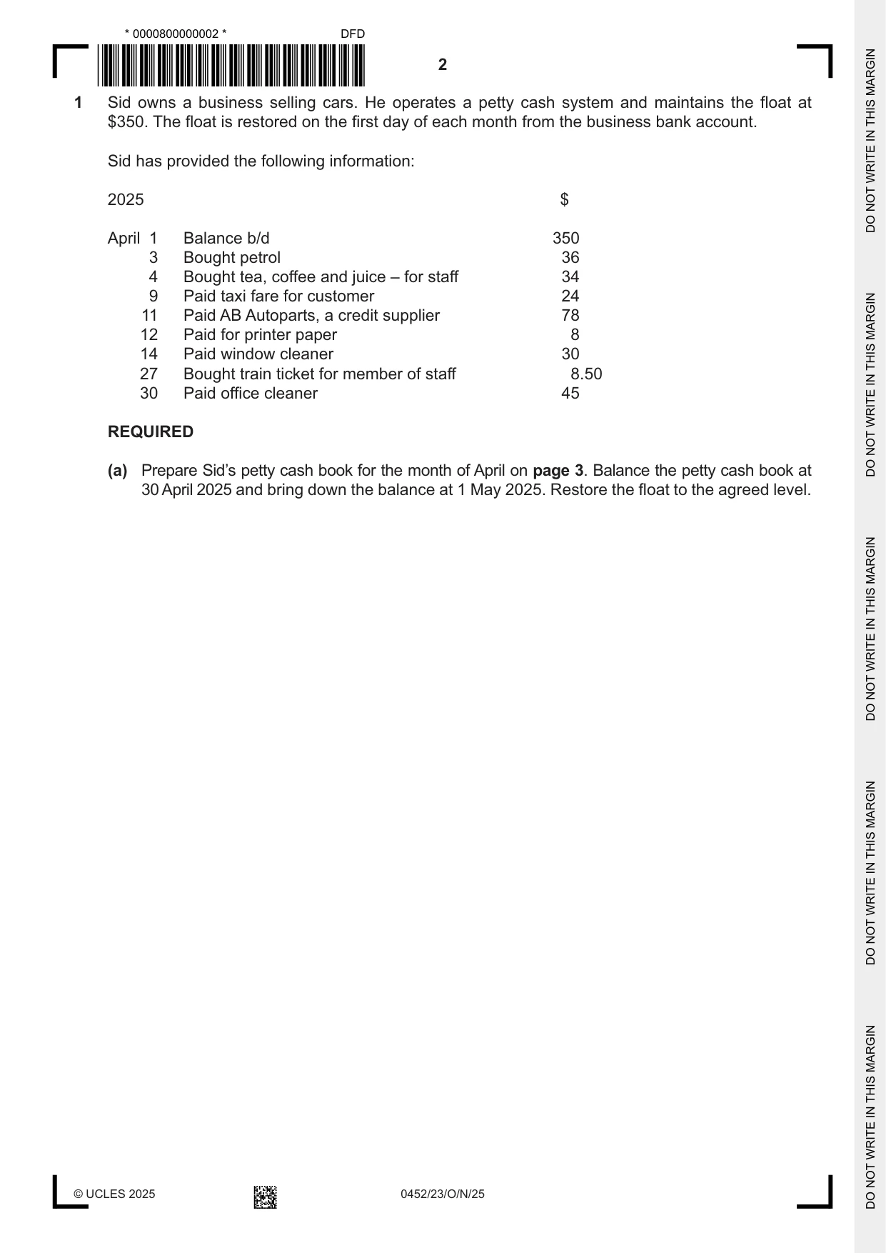 Cambridge IGCSE Accounting 0452 2025 Oct/Nov Paper 2 · Variant 3 question paper, page 2 of 20