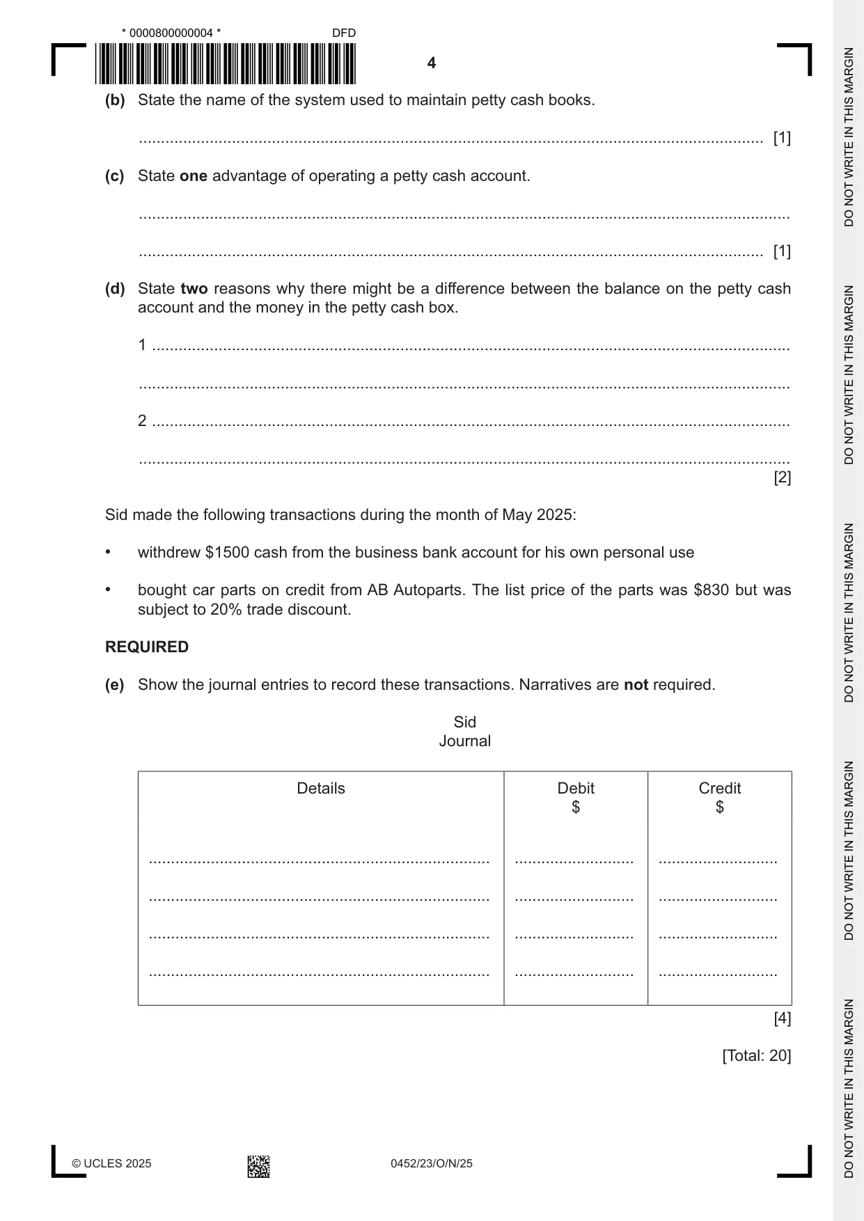 Cambridge IGCSE Accounting 0452 2025 Oct/Nov Paper 2 · Variant 3 question paper, page 4 of 20