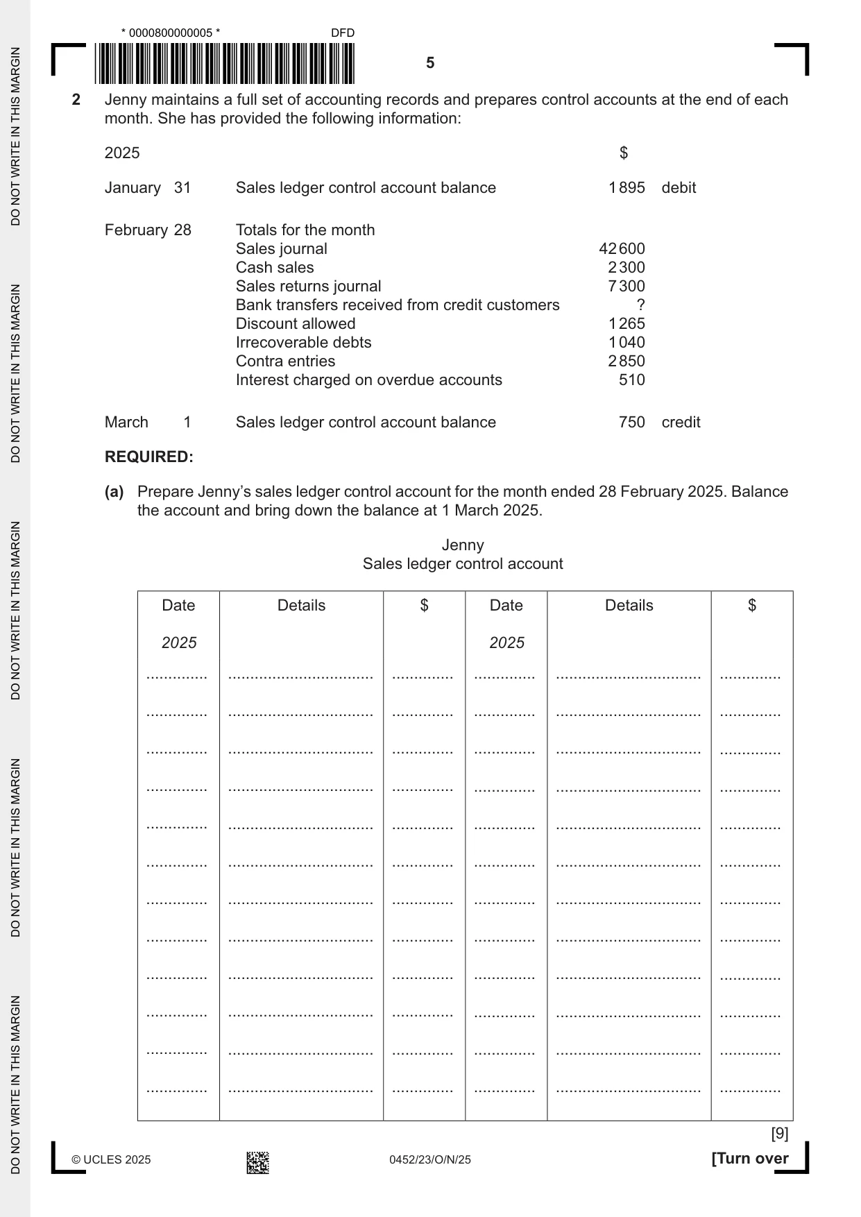 Cambridge IGCSE Accounting 0452 2025 Oct/Nov Paper 2 · Variant 3 question paper, page 5 of 20