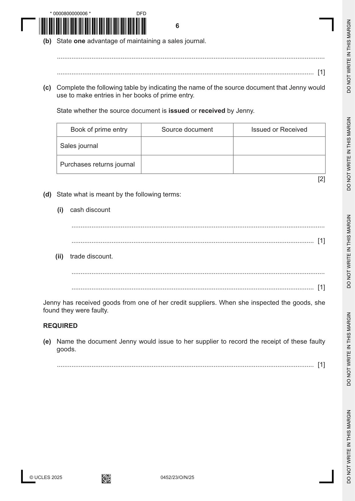 Cambridge IGCSE Accounting 0452 2025 Oct/Nov Paper 2 · Variant 3 question paper, page 6 of 20