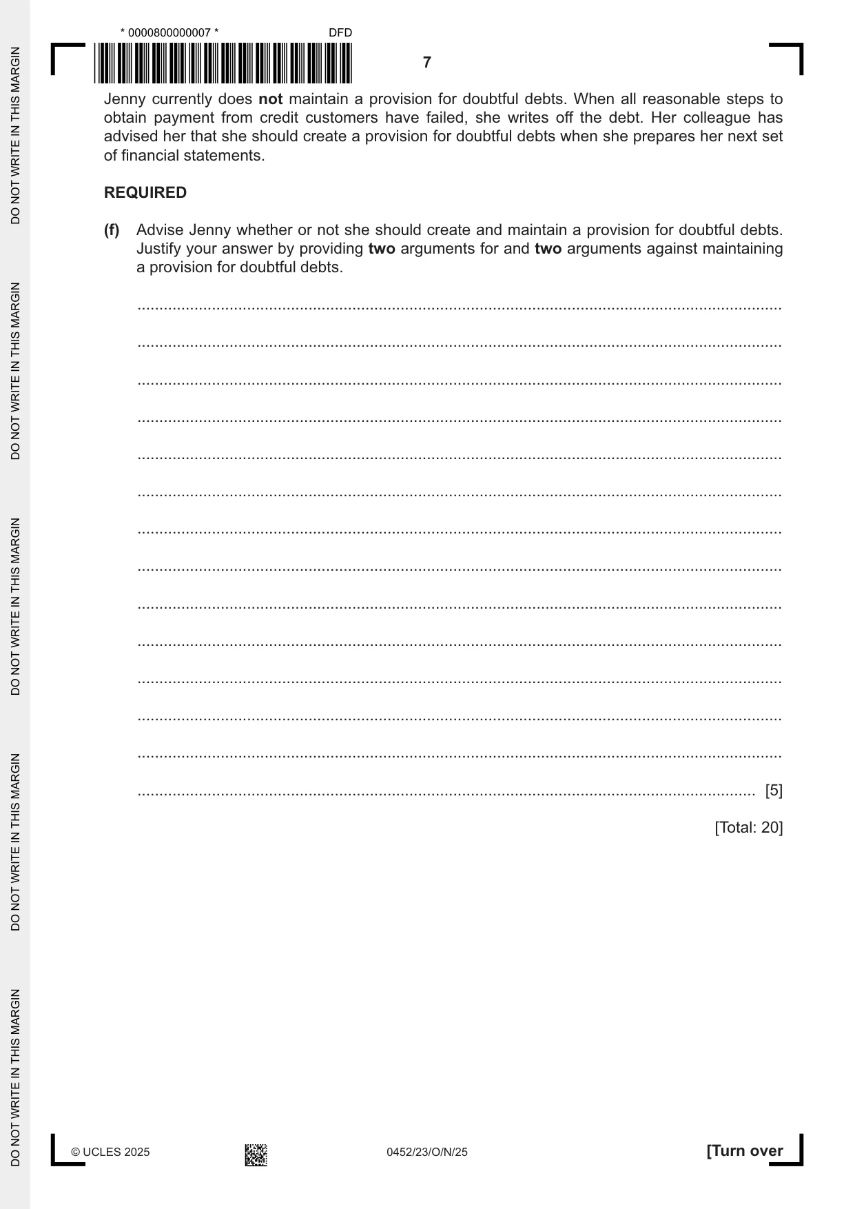 Cambridge IGCSE Accounting 0452 2025 Oct/Nov Paper 2 · Variant 3 question paper, page 7 of 20