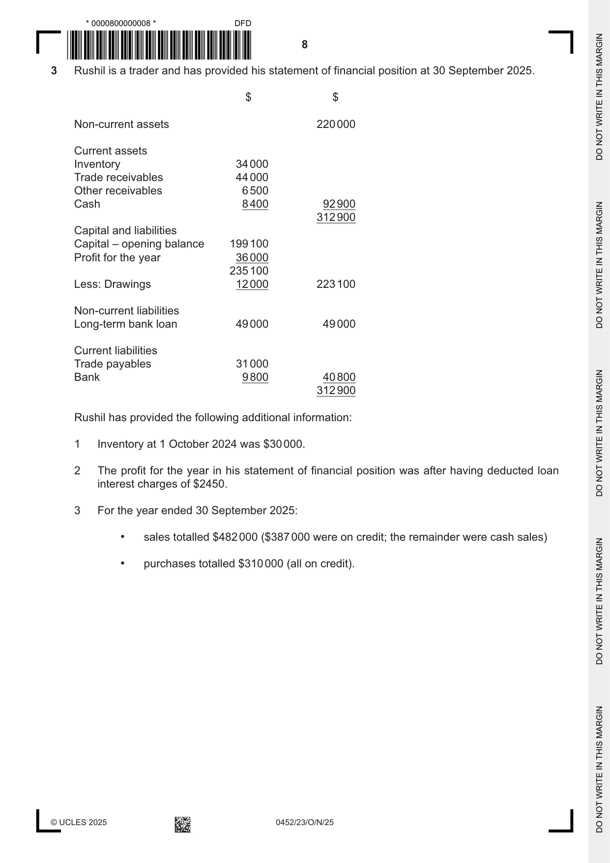 Cambridge IGCSE Accounting 0452 2025 Oct/Nov Paper 2 · Variant 3 question paper, page 8 of 20