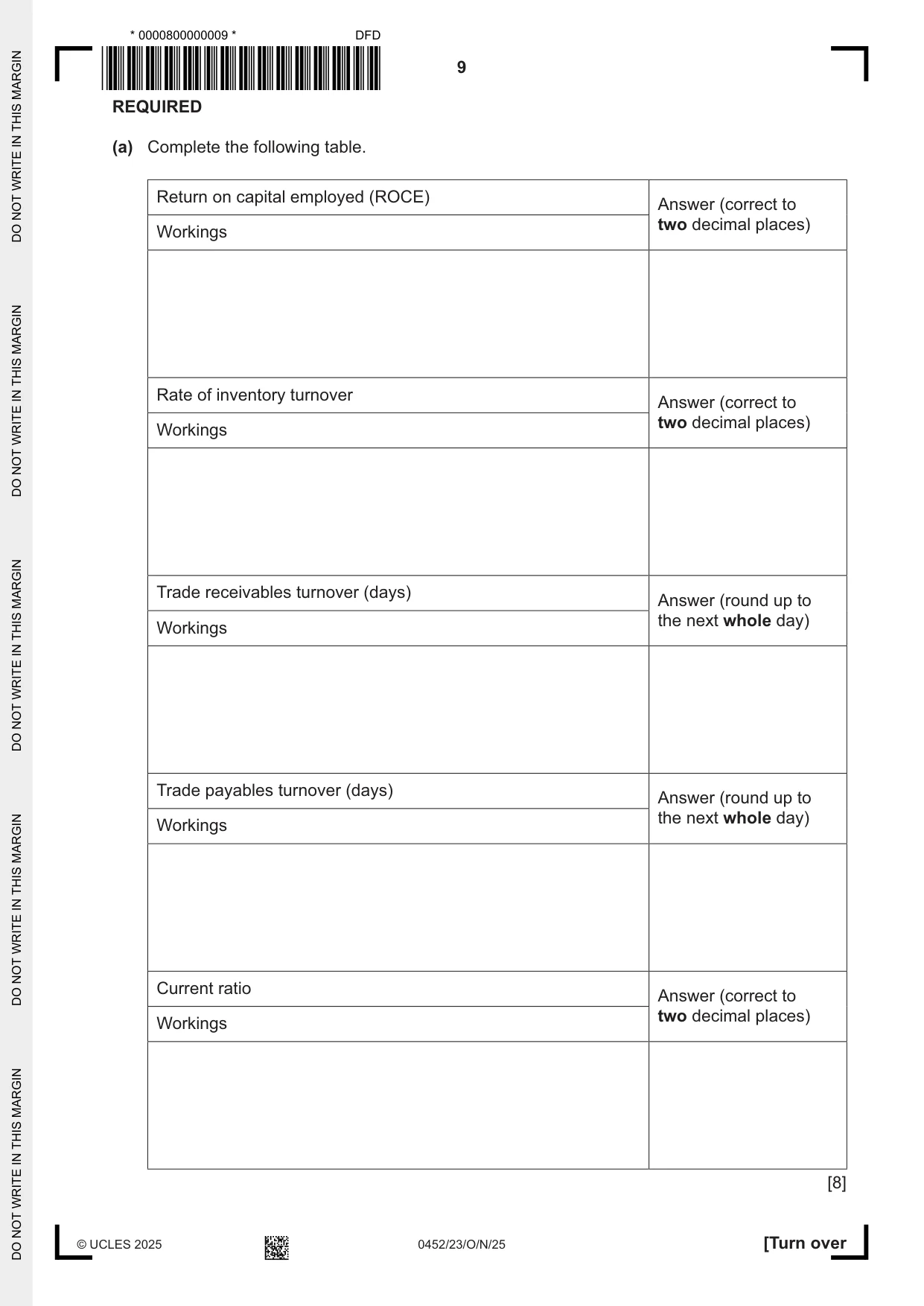 Cambridge IGCSE Accounting 0452 2025 Oct/Nov Paper 2 · Variant 3 question paper, page 9 of 20