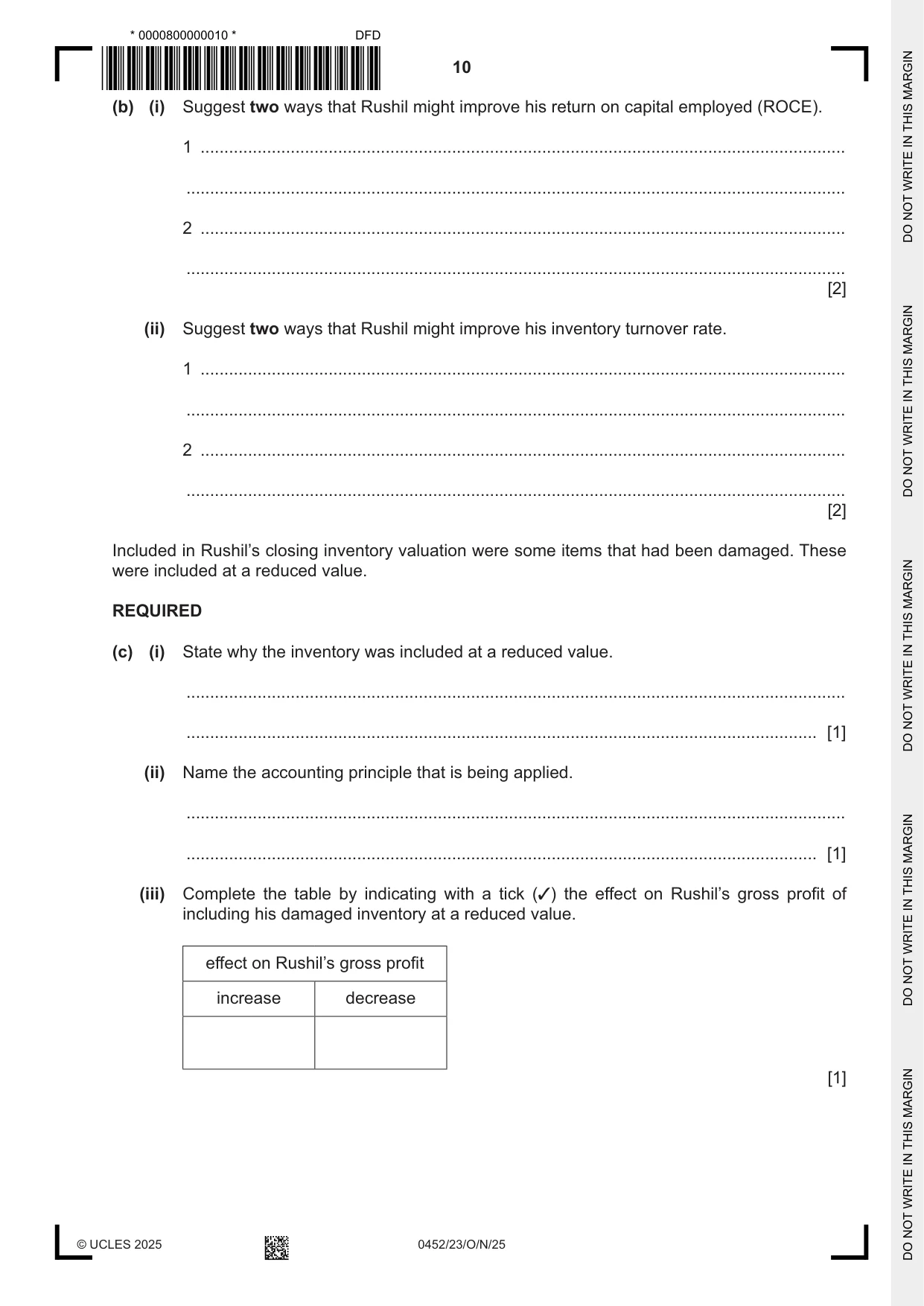 Cambridge IGCSE Accounting 0452 2025 Oct/Nov Paper 2 · Variant 3 question paper, page 10 of 20